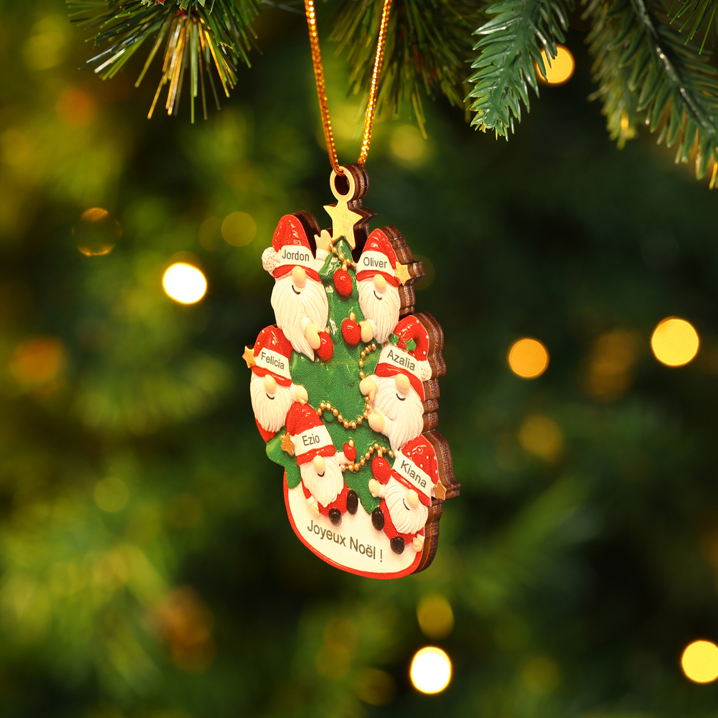 Décoration Sapin Noël en bois Gnomes et Sapin 6 Prénoms Personnalisés avec texte et date Ornement de Noël Cadeau pour famille | Jessemade