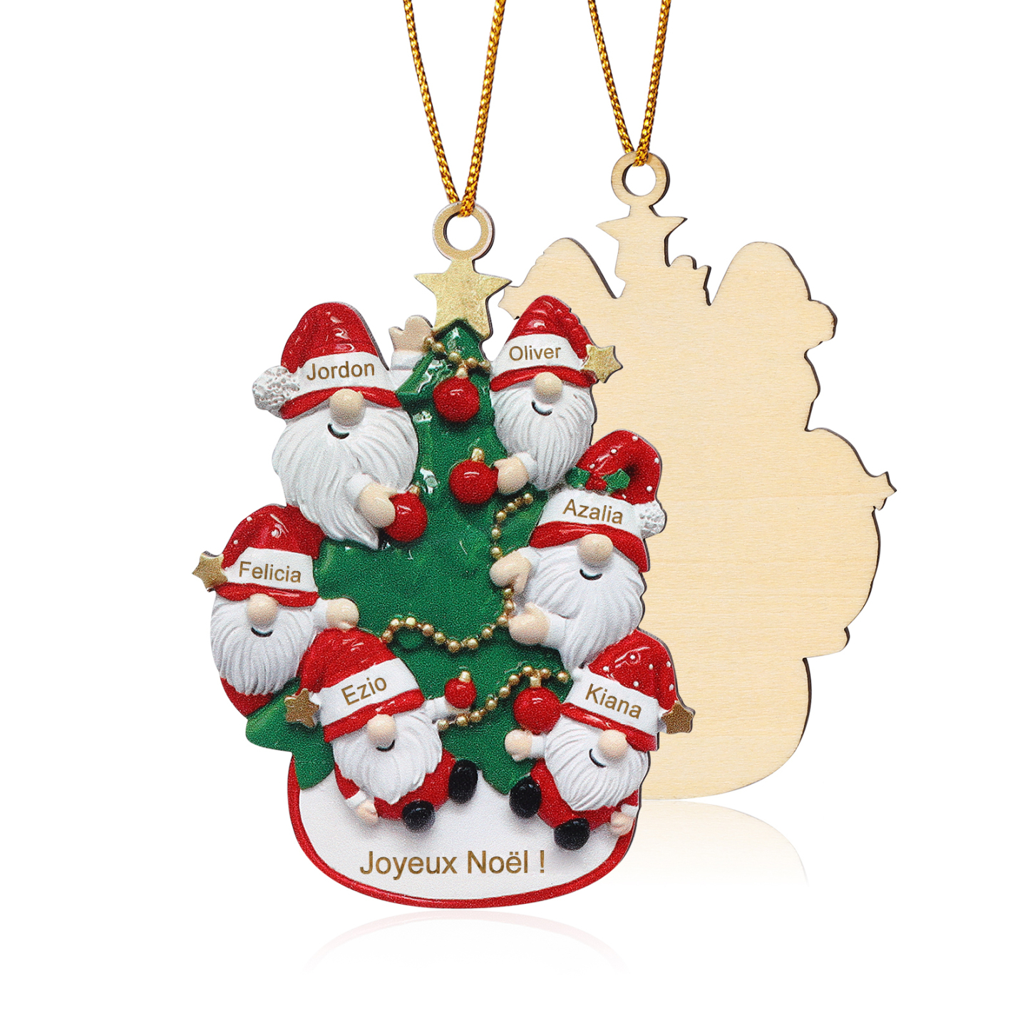 Décoration Sapin Noël en bois Gnomes et Sapin 6 Prénoms Personnalisés avec texte et date Ornement de Noël Cadeau pour famille | Jessemade