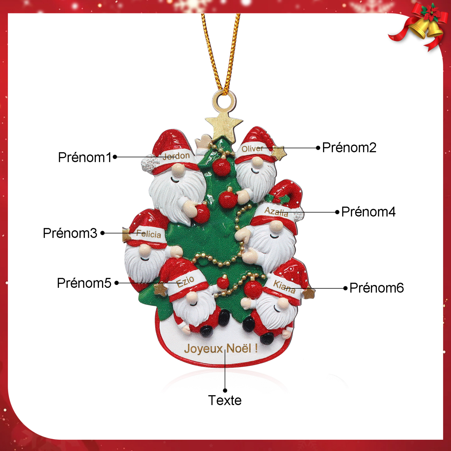Décoration Sapin Noël en bois Gnomes et Sapin 6 Prénoms Personnalisés avec texte et date Ornement de Noël Cadeau pour famille | Jessemade
