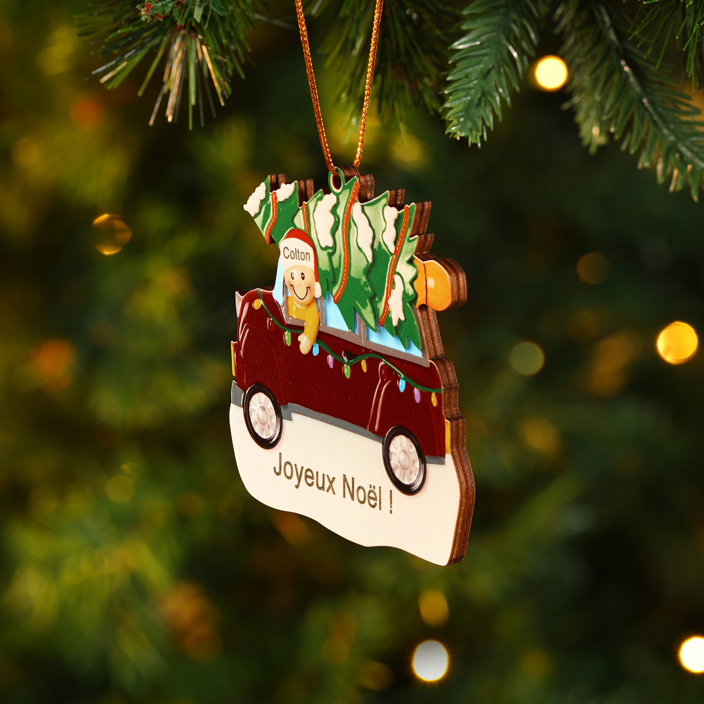 Décoration Sapin Noël en bois Voiture Rouge et sapin 1 Prénom Personnalisé avec texte Ornement de Noël Cadeau pour famille | Jessemade