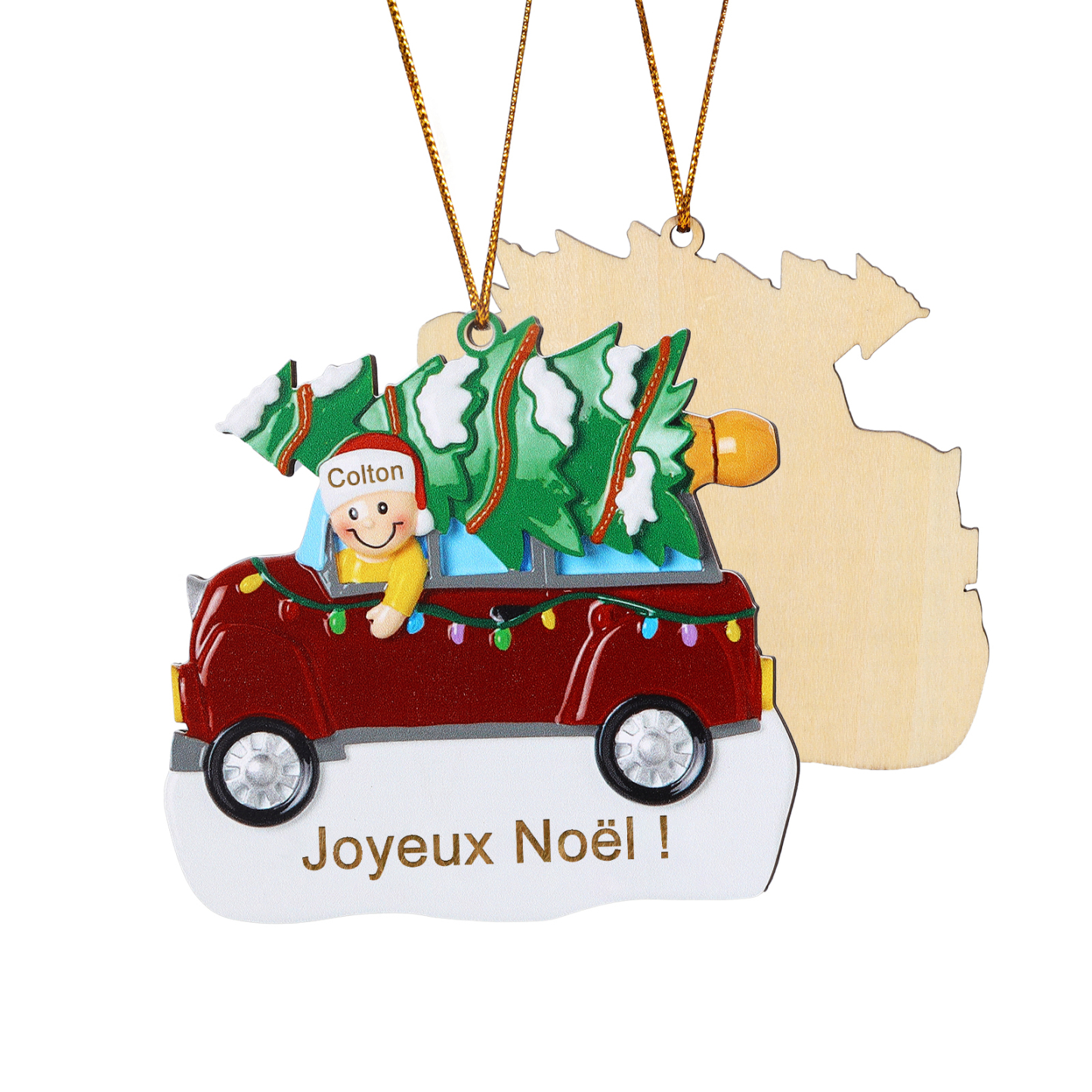 Décoration Sapin Noël en bois Voiture Rouge et sapin 1 Prénom Personnalisé avec texte Ornement de Noël Cadeau pour famille | Jessemade