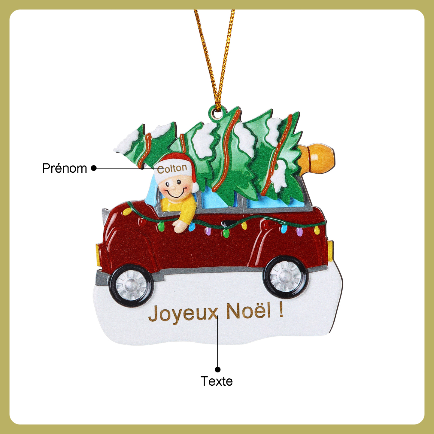 Décoration Sapin Noël en bois Voiture Rouge et sapin 1 Prénom Personnalisé avec texte Ornement de Noël Cadeau pour famille | Jessemade