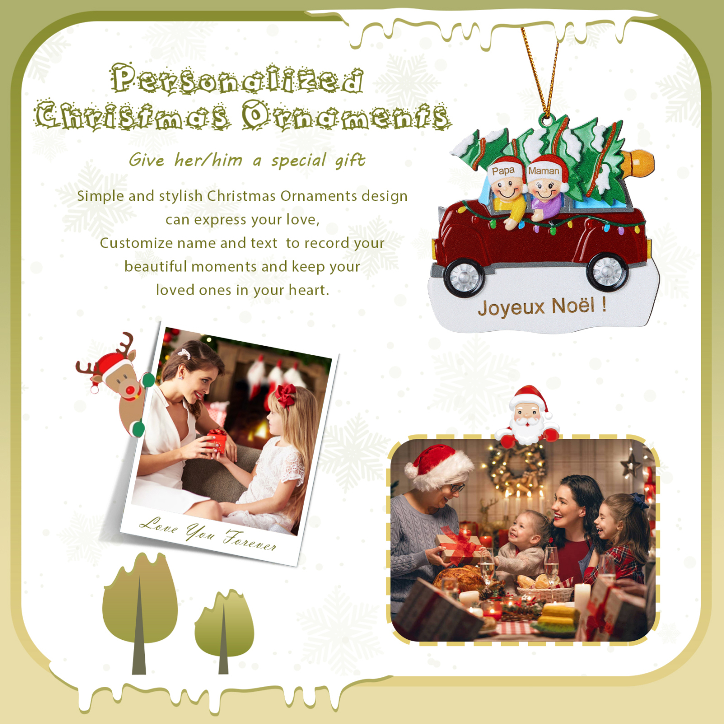 Décoration Sapin Noël en bois Voiture Rouge et sapin 2 Prénoms Personnalisés avec texte Ornement de Noël Cadeau pour famille | Jessemade