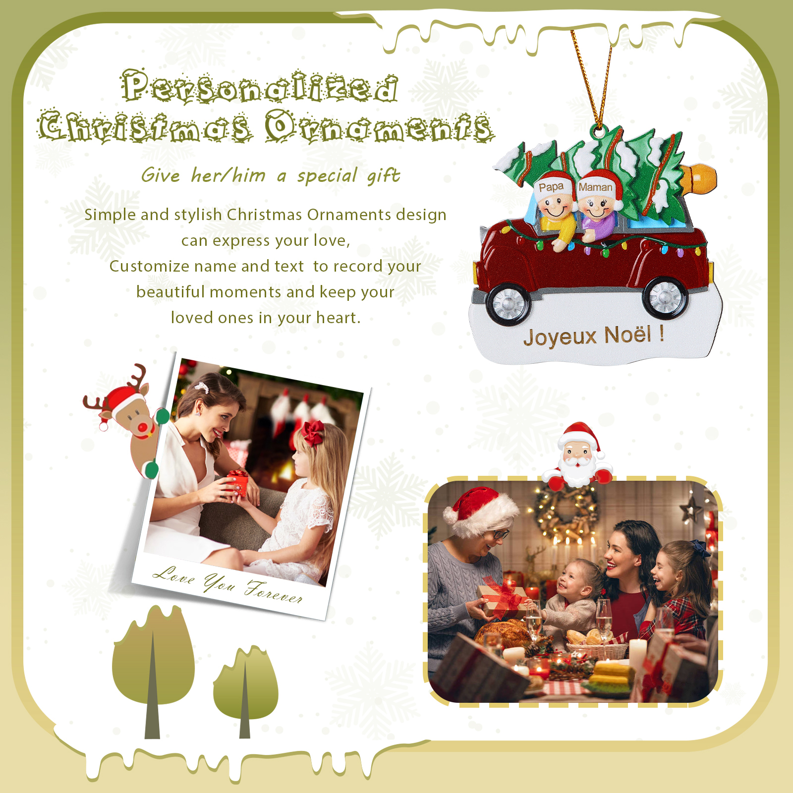 Décoration Sapin Noël en bois Voiture Rouge et sapin 2 Prénoms Personnalisés avec texte Ornement de Noël Cadeau pour famille | Jessemade