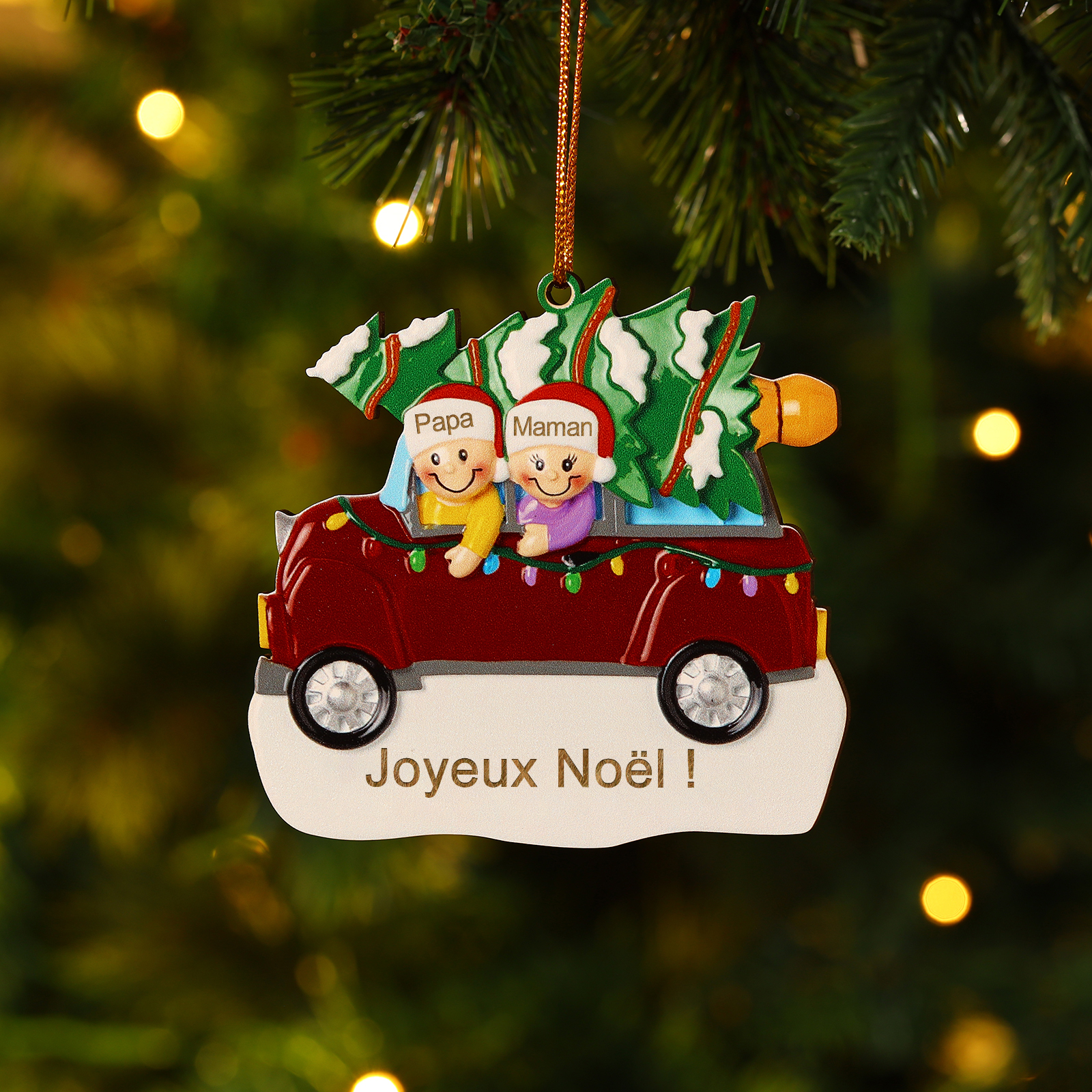 Décoration Sapin Noël en bois Voiture Rouge et sapin 2 Prénoms Personnalisés avec texte Ornement de Noël Cadeau pour famille | Jessemade