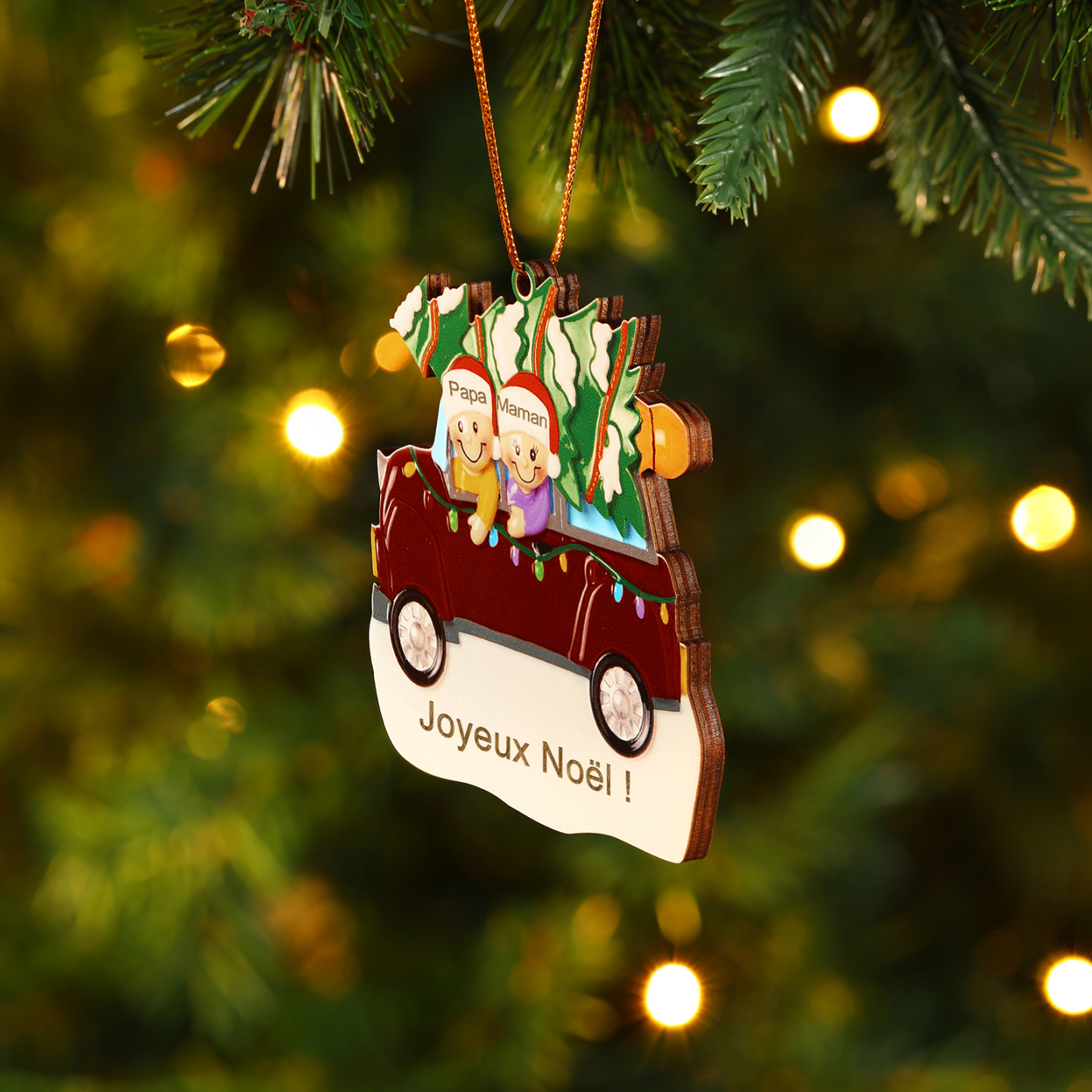 Décoration Sapin Noël en bois Voiture Rouge et sapin 2 Prénoms Personnalisés avec texte Ornement de Noël Cadeau pour famille | Jessemade