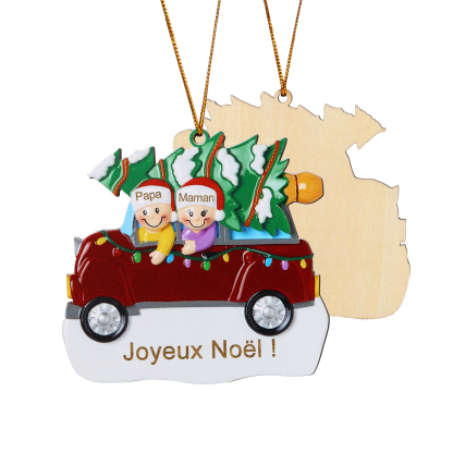 Décoration Sapin Noël en bois Voiture Rouge et sapin 2 Prénoms Personnalisés avec texte Ornement de Noël Cadeau pour famille | Jessemade