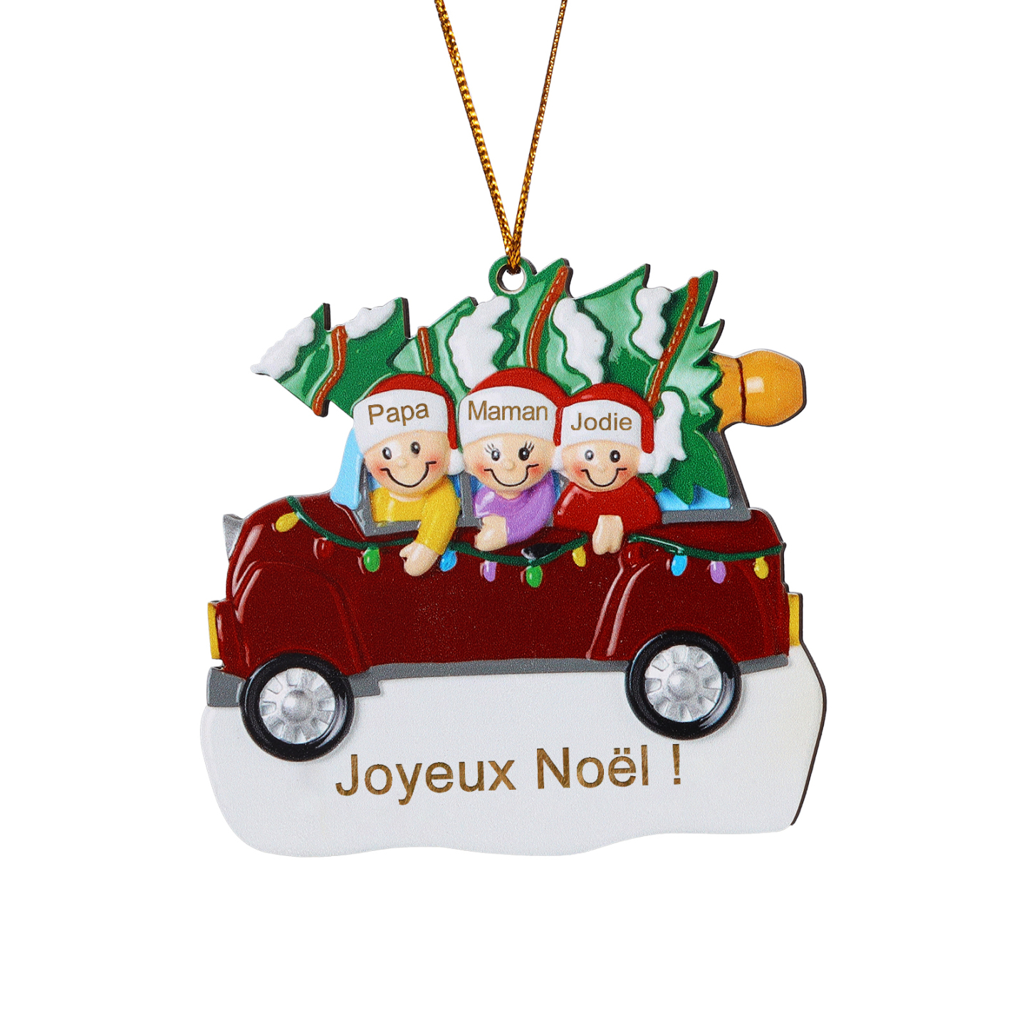 Décoration Sapin Noël en bois Voiture Rouge et sapin 3 Prénoms Personnalisés avec texte Ornement de Noël Cadeau pour famille | Jessemade