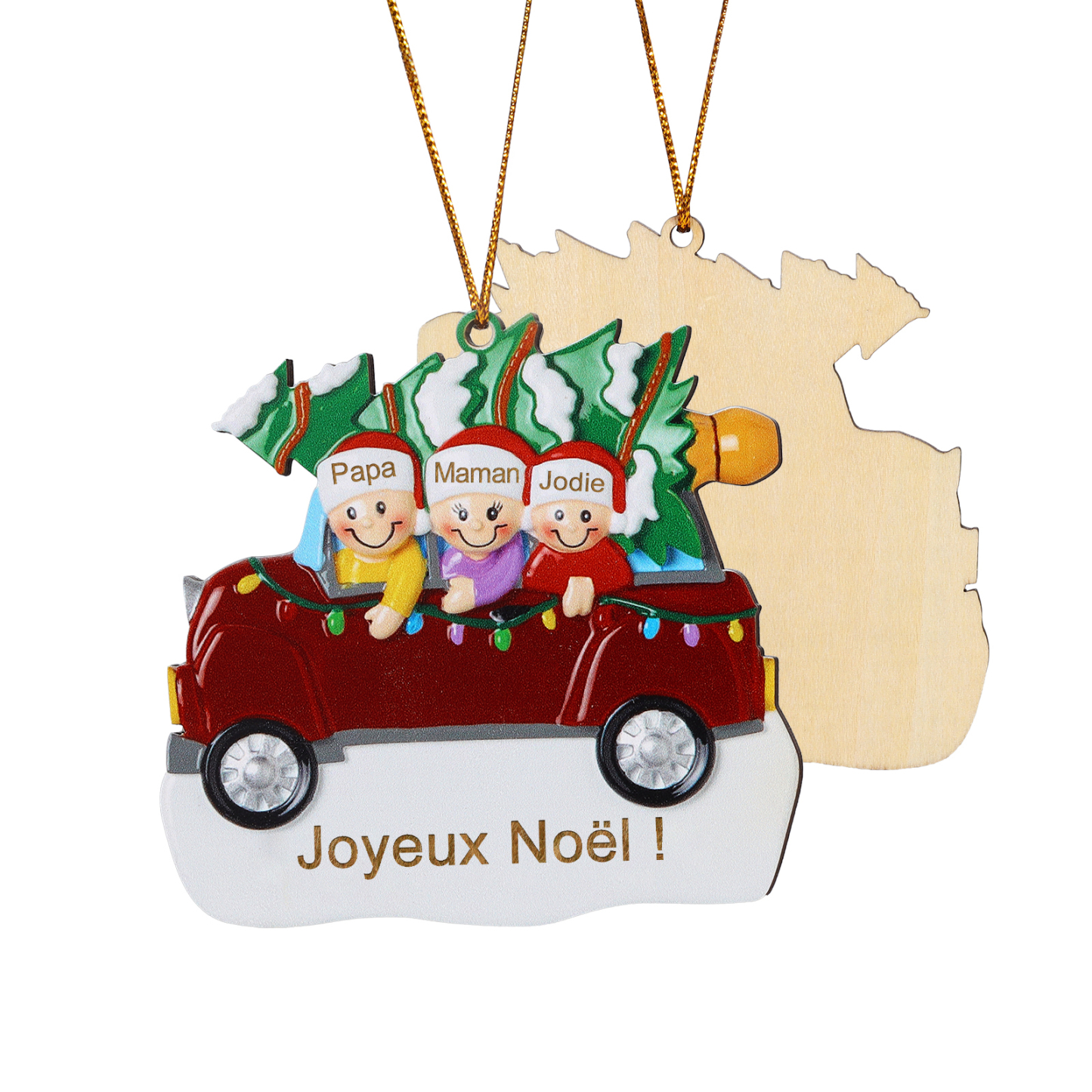 Décoration Sapin Noël en bois Voiture Rouge et sapin 3 Prénoms Personnalisés avec texte Ornement de Noël Cadeau pour famille | Jessemade