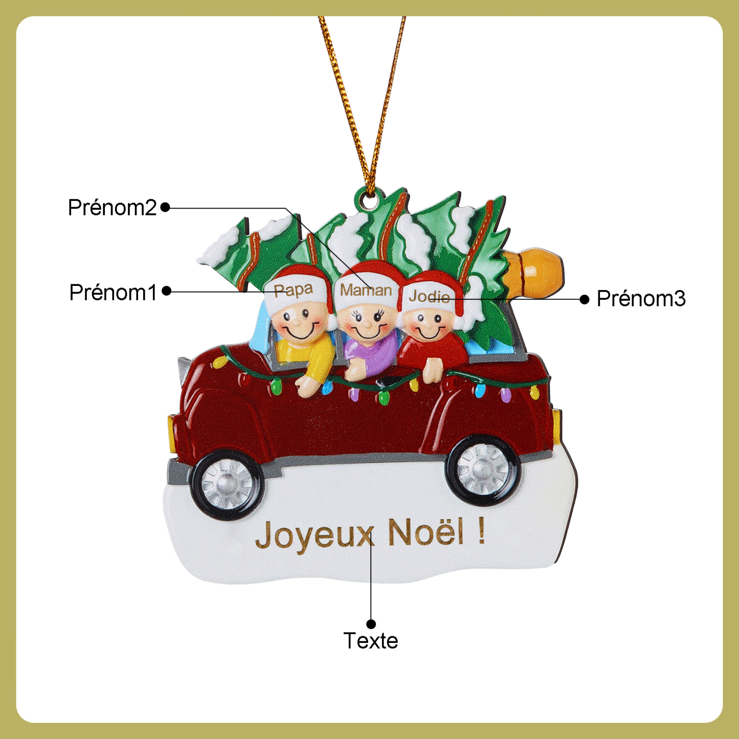 Décoration Sapin Noël en bois Voiture Rouge et sapin 3 Prénoms Personnalisés avec texte Ornement de Noël Cadeau pour famille | Jessemade