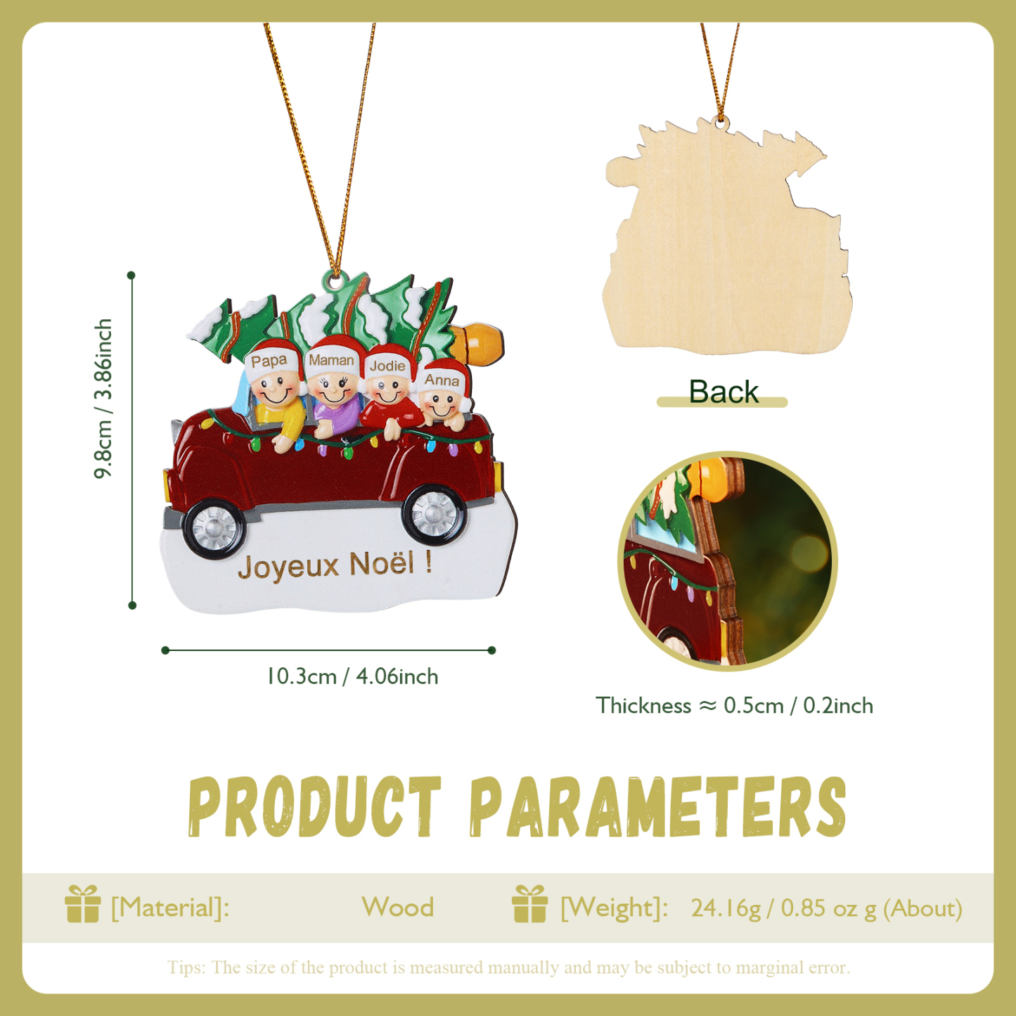 Décoration Sapin Noël en bois Voiture Rouge et sapin 4 Prénoms Personnalisés avec texte Ornement de Noël Cadeau pour famille | Jessemade