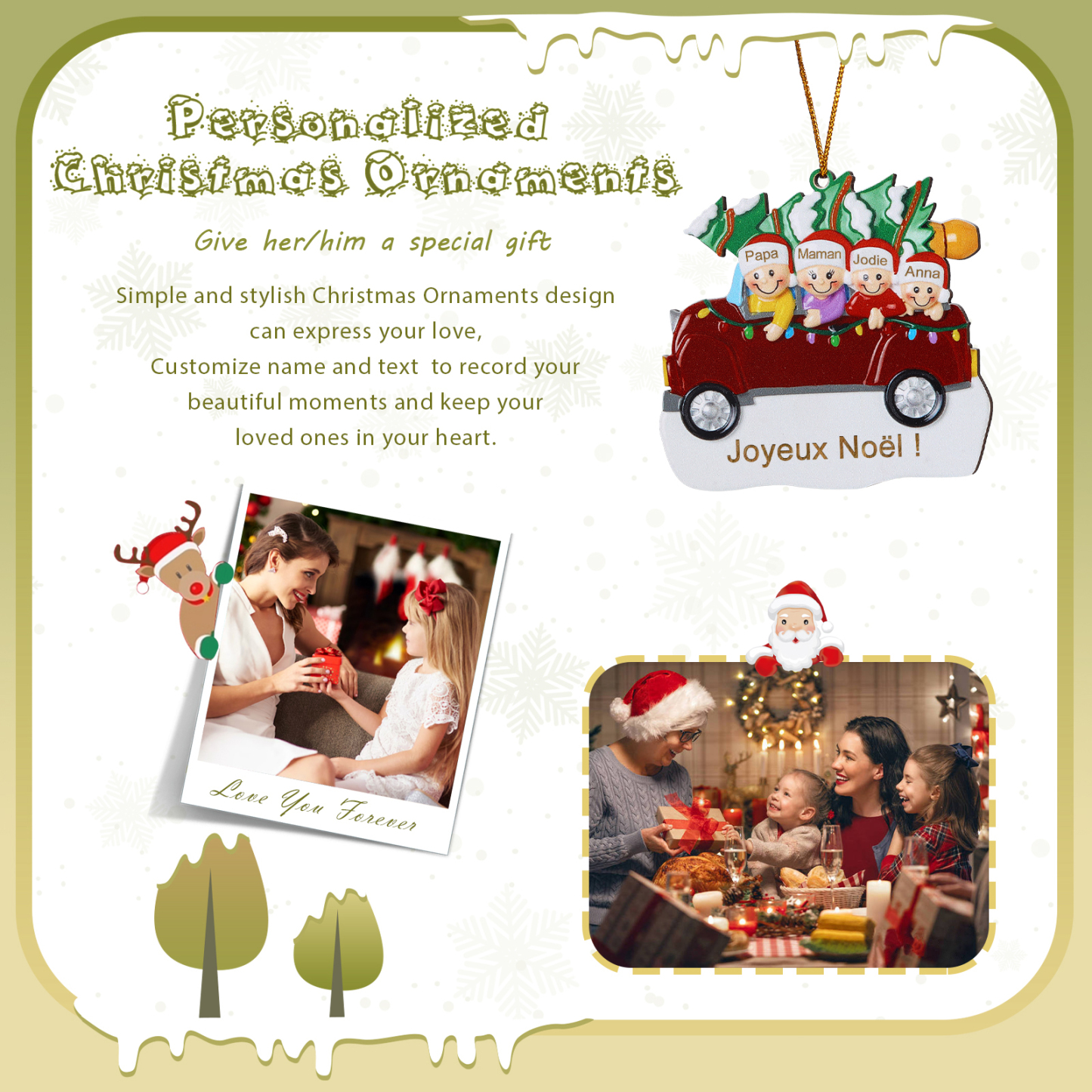 Décoration Sapin Noël en bois Voiture Rouge et sapin 4 Prénoms Personnalisés avec texte Ornement de Noël Cadeau pour famille | Jessemade