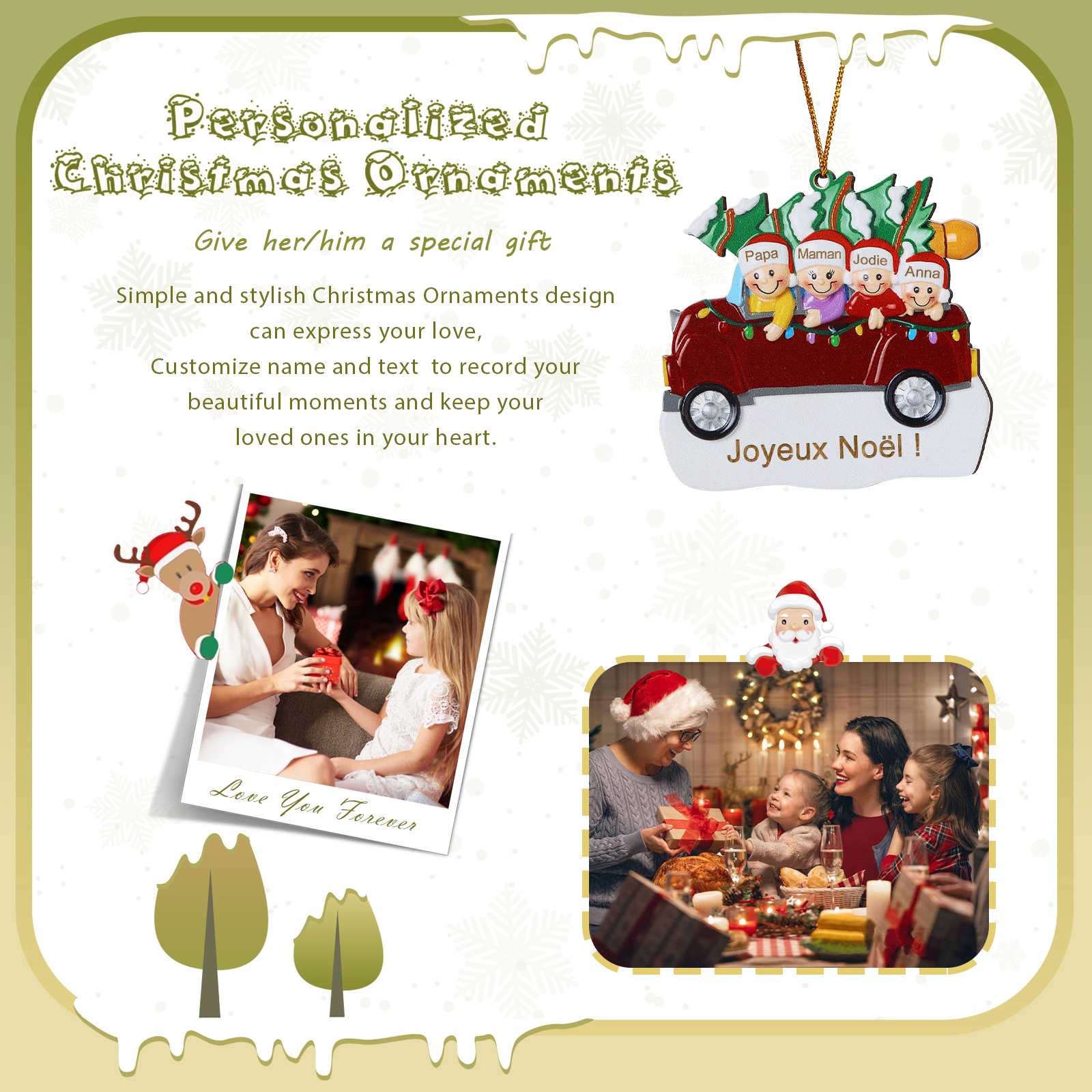 Décoration Sapin Noël en bois Voiture Rouge et sapin 4 Prénoms Personnalisés avec texte Ornement de Noël Cadeau pour famille | Jessemade