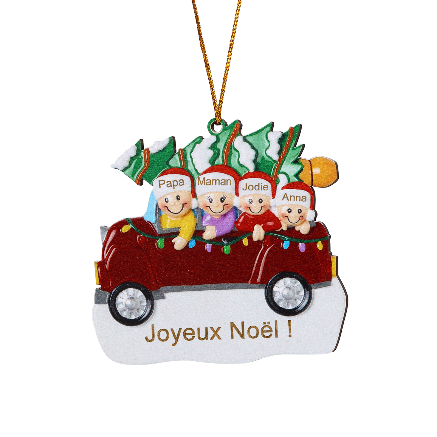 Décoration Sapin Noël en bois Voiture Rouge et sapin 4 Prénoms Personnalisés avec texte Ornement de Noël Cadeau pour famille | Jessemade