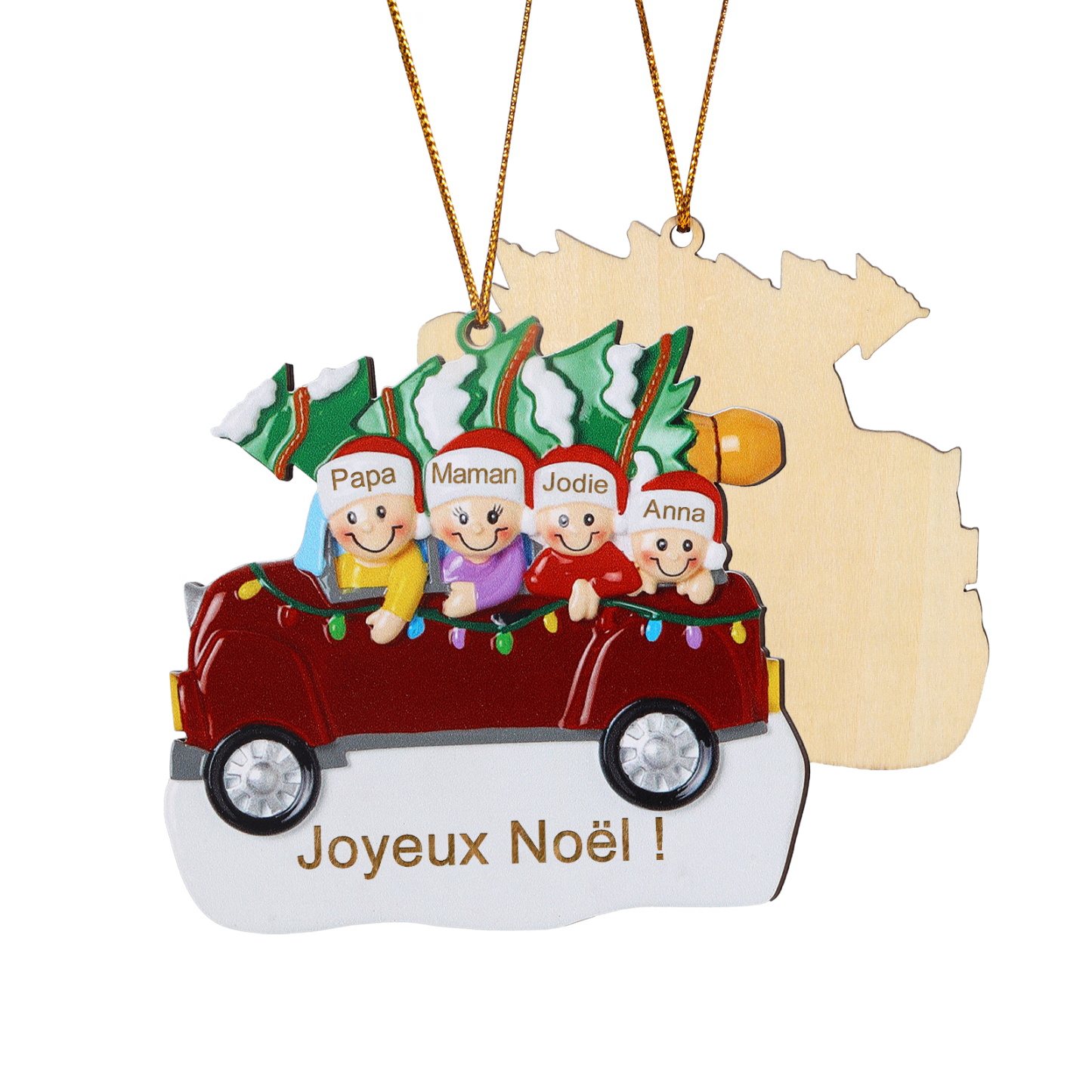 Décoration Sapin Noël en bois Voiture Rouge et sapin 4 Prénoms Personnalisés avec texte Ornement de Noël Cadeau pour famille | Jessemade