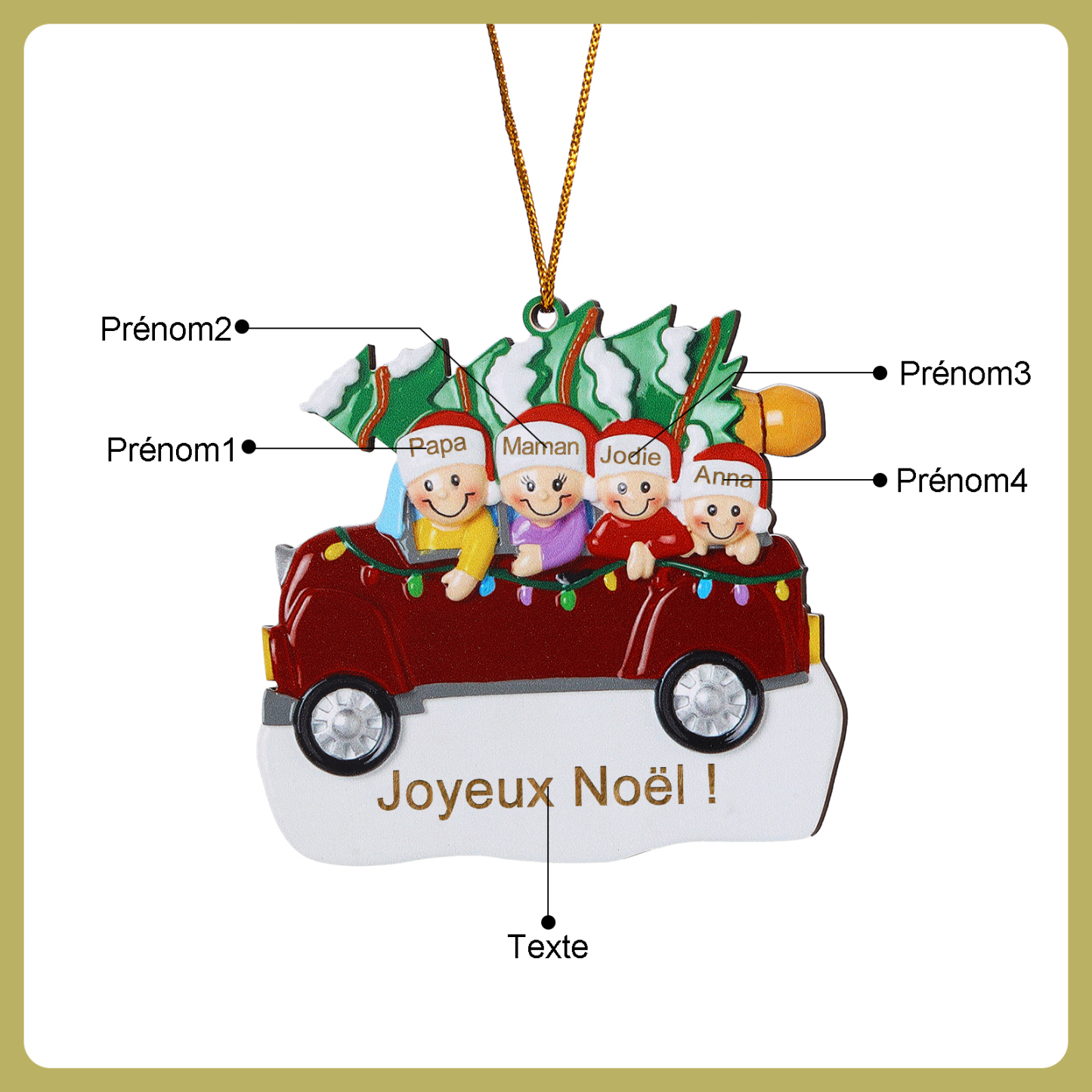 Décoration Sapin Noël en bois Voiture Rouge et sapin 4 Prénoms Personnalisés avec texte Ornement de Noël Cadeau pour famille | Jessemade