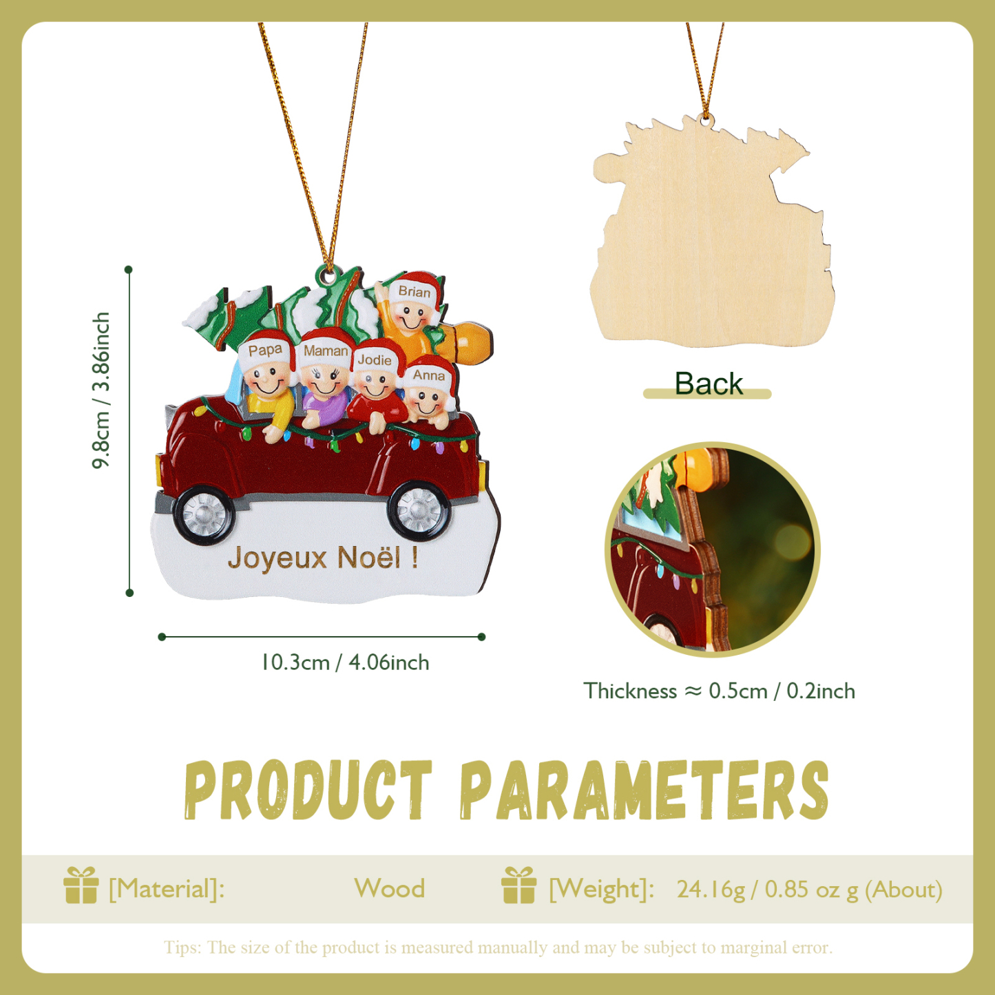 Décoration Sapin Noël en bois Voiture Rouge et sapin 5 Prénoms Personnalisés avec texte Ornement de Noël Cadeau pour famille | Jessemade