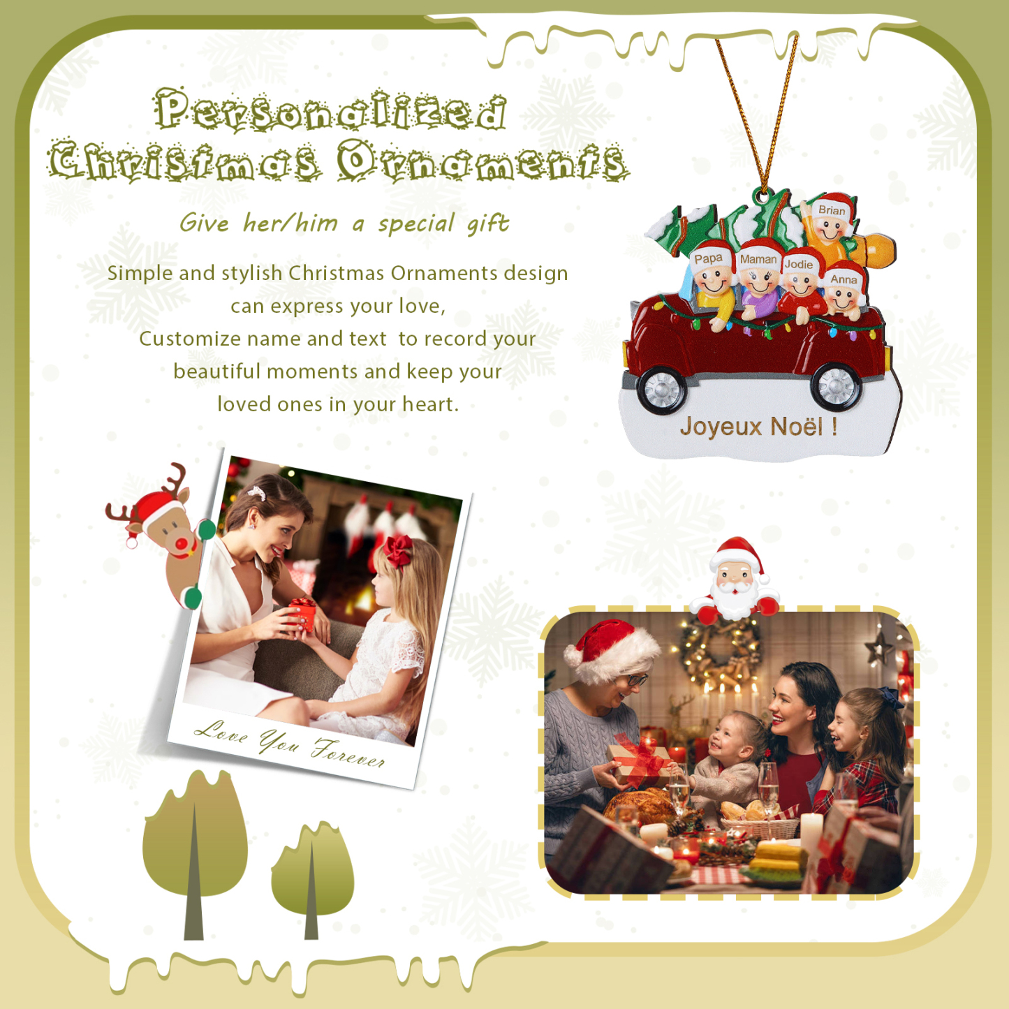 Décoration Sapin Noël en bois Voiture Rouge et sapin 5 Prénoms Personnalisés avec texte Ornement de Noël Cadeau pour famille | Jessemade