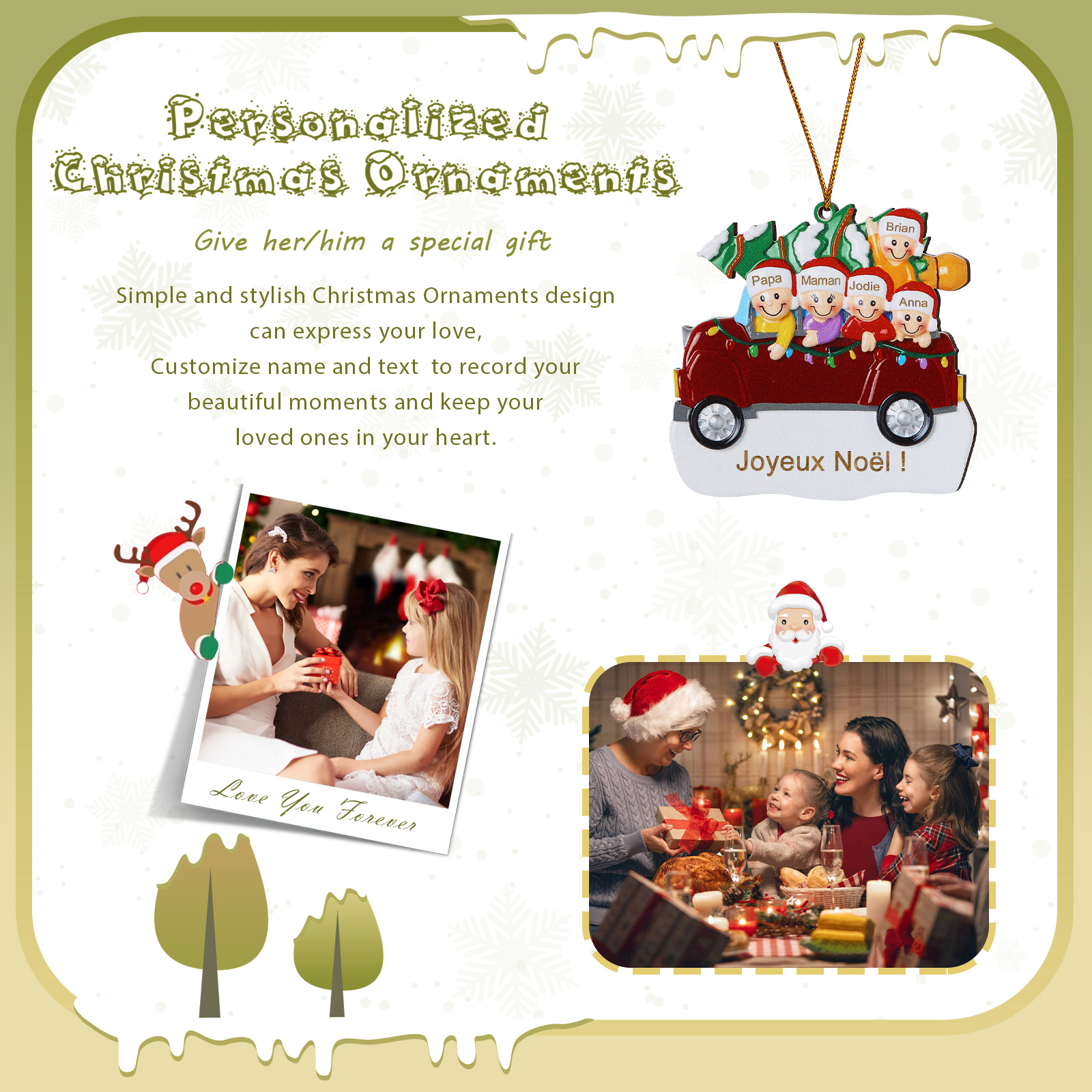 Décoration Sapin Noël en bois Voiture Rouge et sapin 5 Prénoms Personnalisés avec texte Ornement de Noël Cadeau pour famille | Jessemade