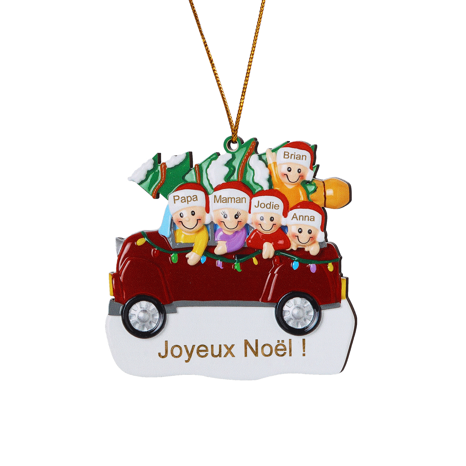 Décoration Sapin Noël en bois Voiture Rouge et sapin 5 Prénoms Personnalisés avec texte Ornement de Noël Cadeau pour famille | Jessemade