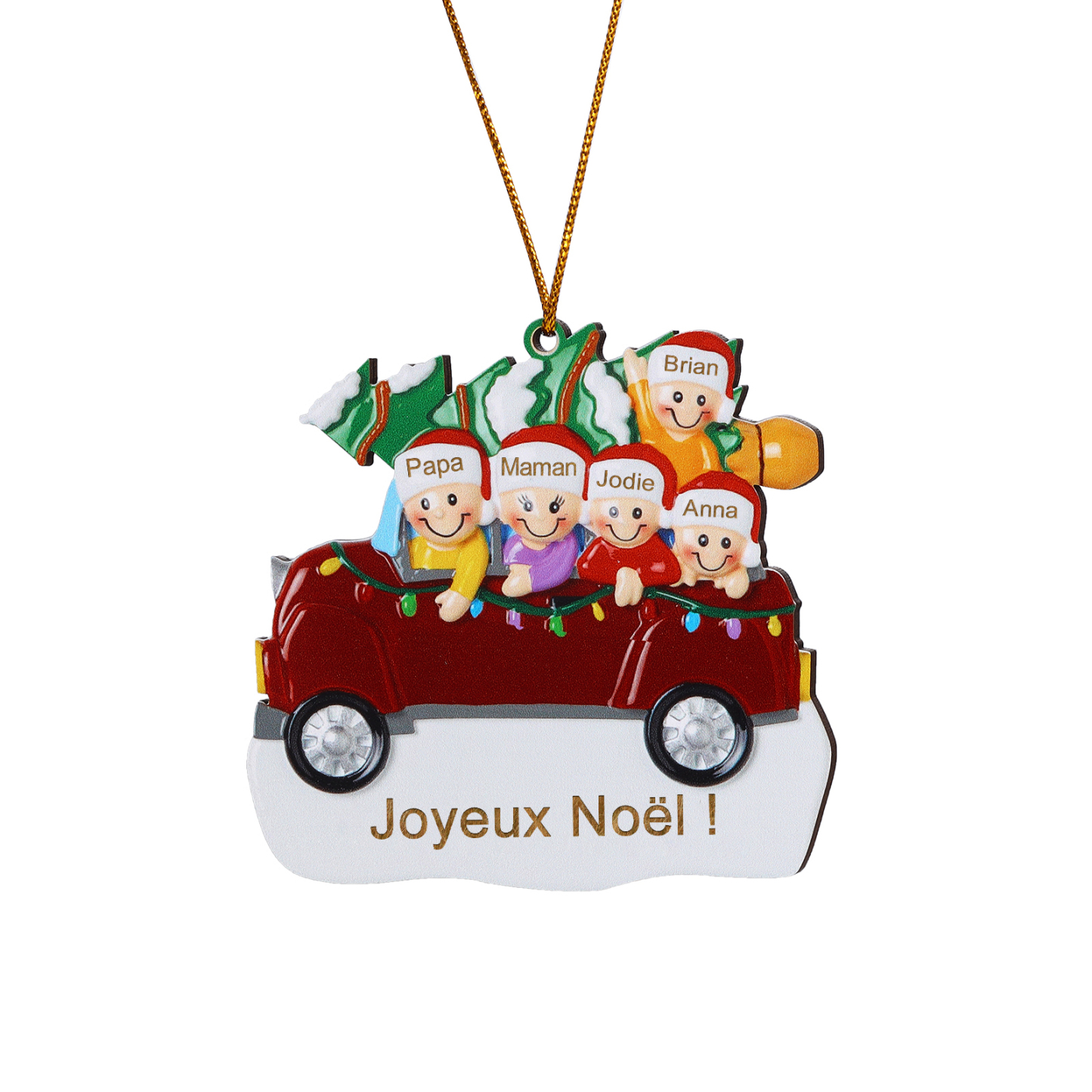 Décoration Sapin Noël en bois Voiture Rouge et sapin 5 Prénoms Personnalisés avec texte Ornement de Noël Cadeau pour famille | Jessemade