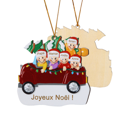 Décoration Sapin Noël en bois Voiture Rouge et sapin 5 Prénoms Personnalisés avec texte Ornement de Noël Cadeau pour famille | Jessemade