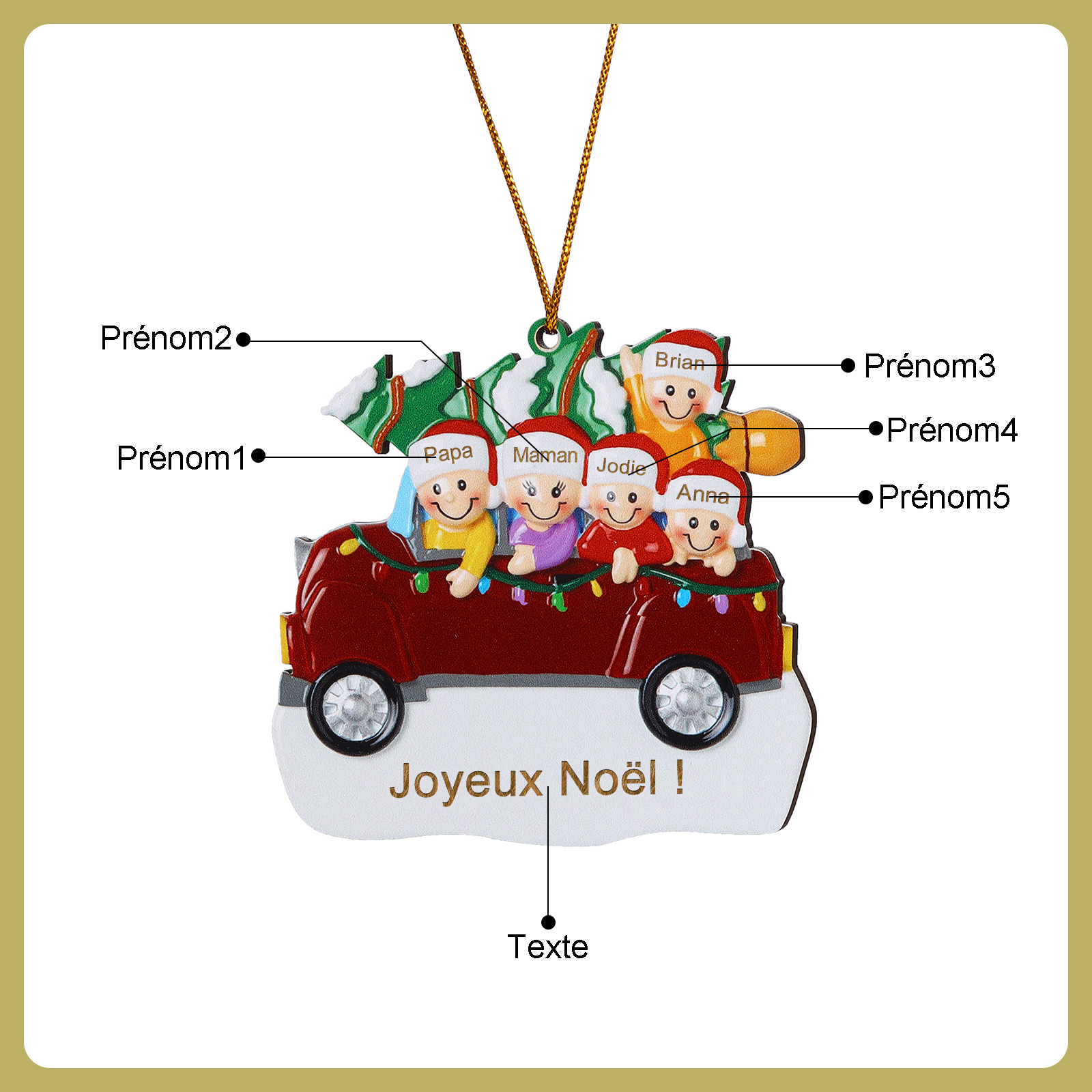 Décoration Sapin Noël en bois Voiture Rouge et sapin 5 Prénoms Personnalisés avec texte Ornement de Noël Cadeau pour famille | Jessemade