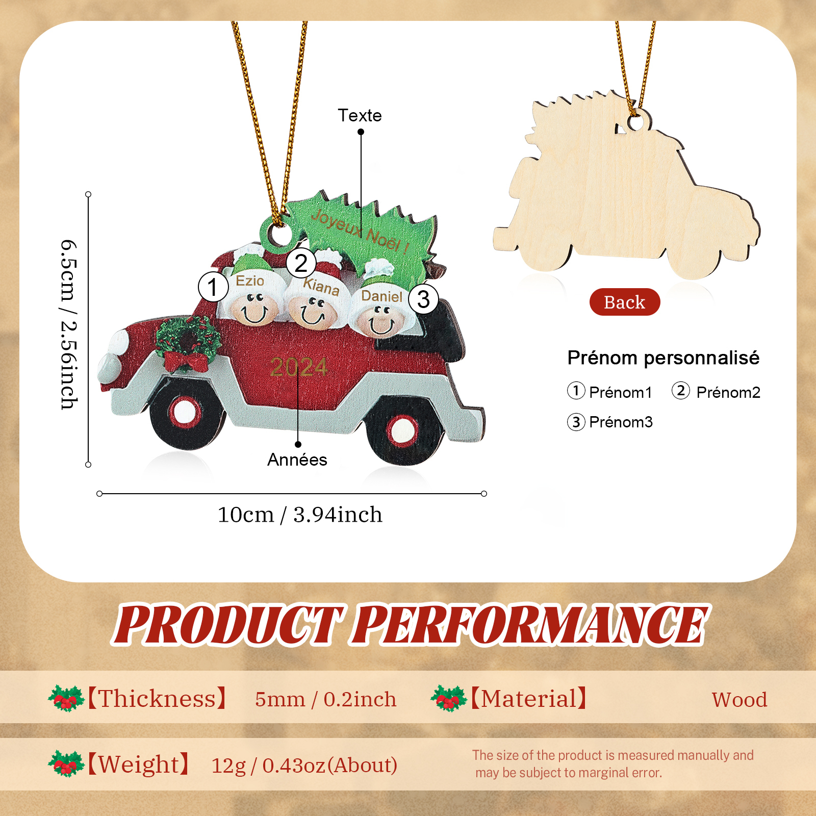 Décoration Sapin Noël en bois Voiture Rouge et sapin 3 Prénoms Personnalisés avec texte et date Cadeau pour famille | Jessemade