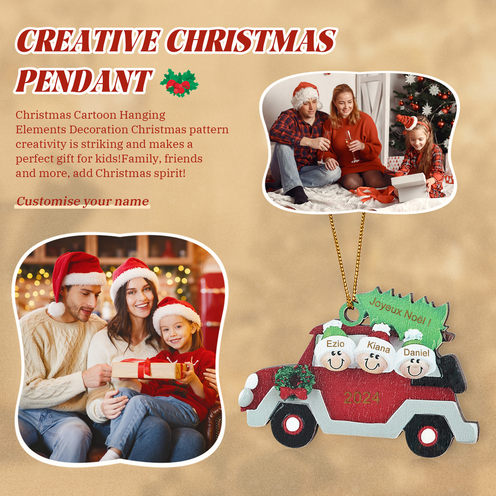 Décoration Sapin Noël en bois Voiture Rouge et sapin 3 Prénoms Personnalisés avec texte et date Cadeau pour famille | Jessemade