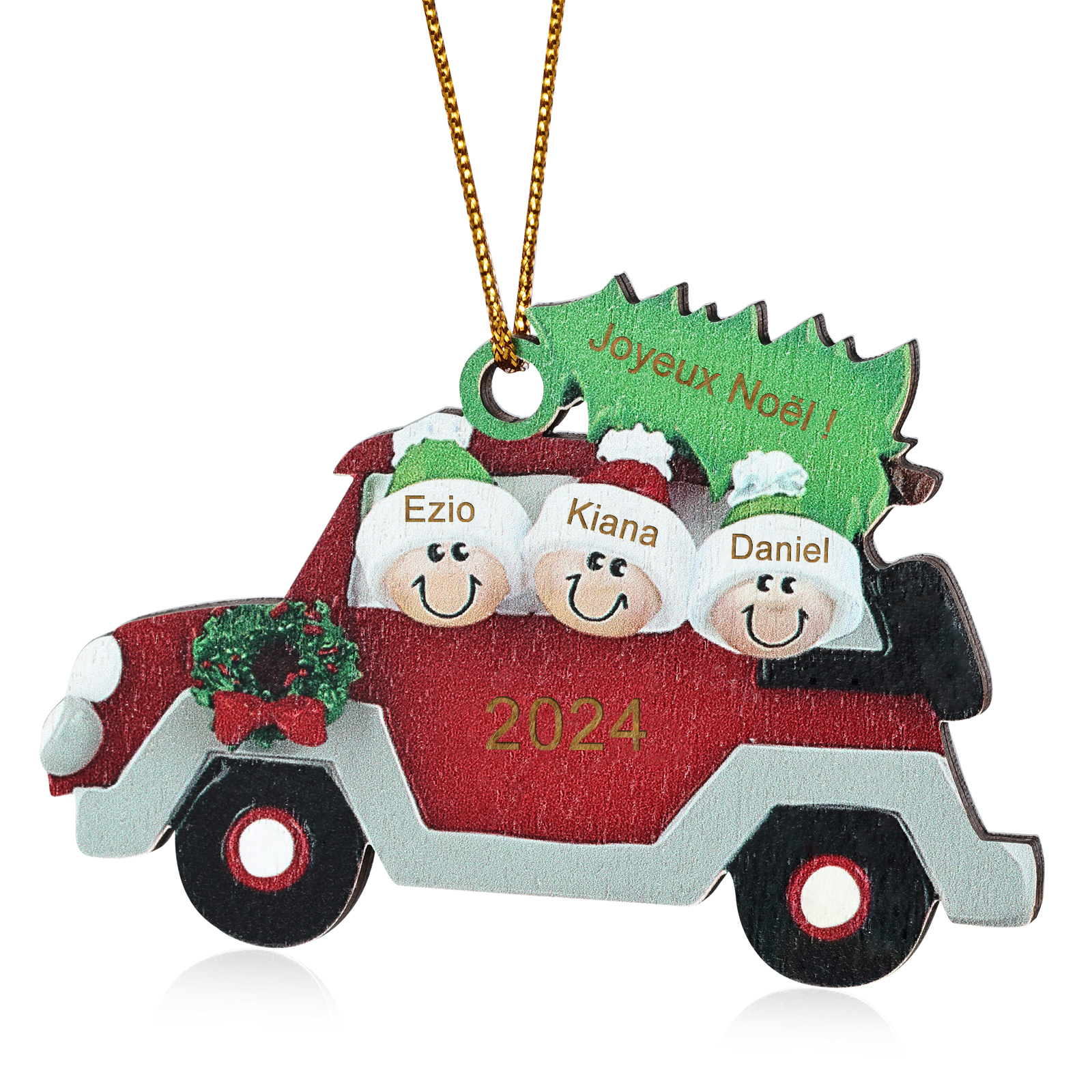 Décoration Sapin Noël en bois Voiture Rouge et sapin 3 Prénoms Personnalisés avec texte et date Cadeau pour famille | Jessemade