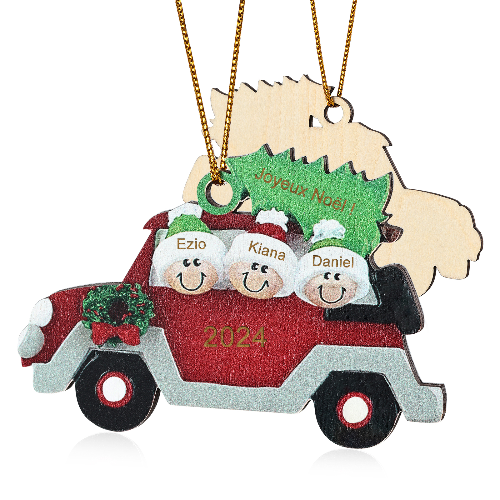 Décoration Sapin Noël en bois Voiture Rouge et sapin 3 Prénoms Personnalisés avec texte et date Cadeau pour famille | Jessemade