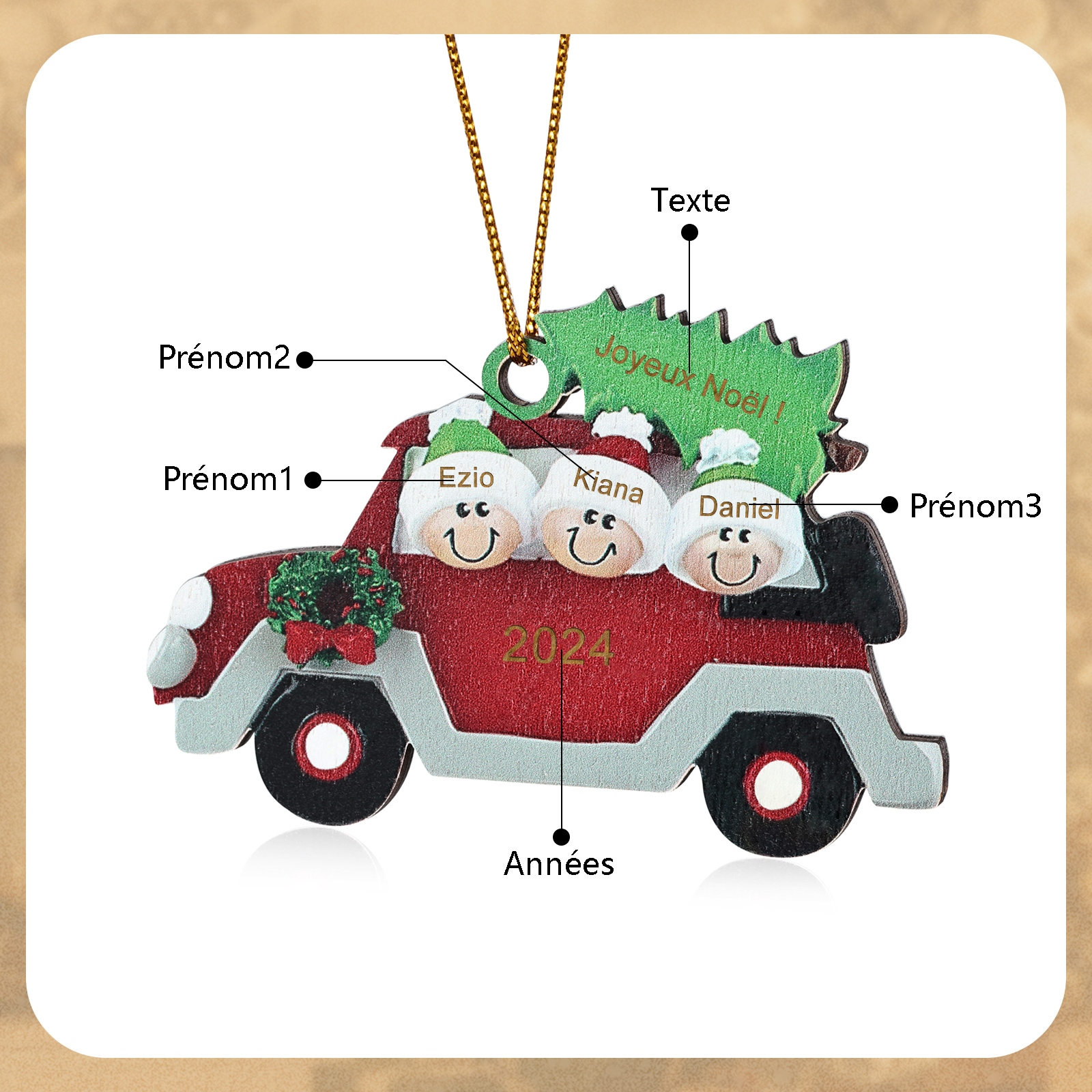 Décoration Sapin Noël en bois Voiture Rouge et sapin 3 Prénoms Personnalisés avec texte et date Cadeau pour famille | Jessemade