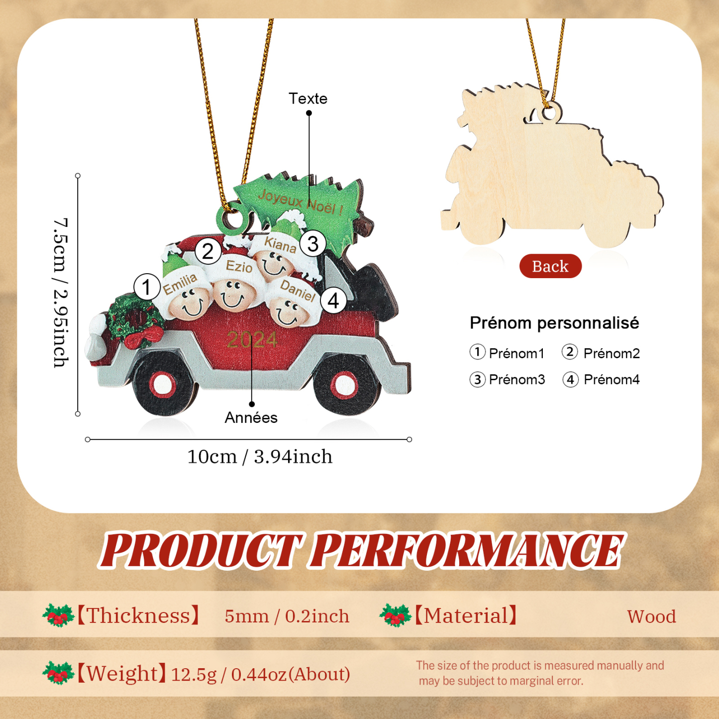 Décoration Sapin Noël en bois Voiture Rouge et sapin 4 Prénoms Personnalisés avec texte et date Cadeau pour famille | Jessemade