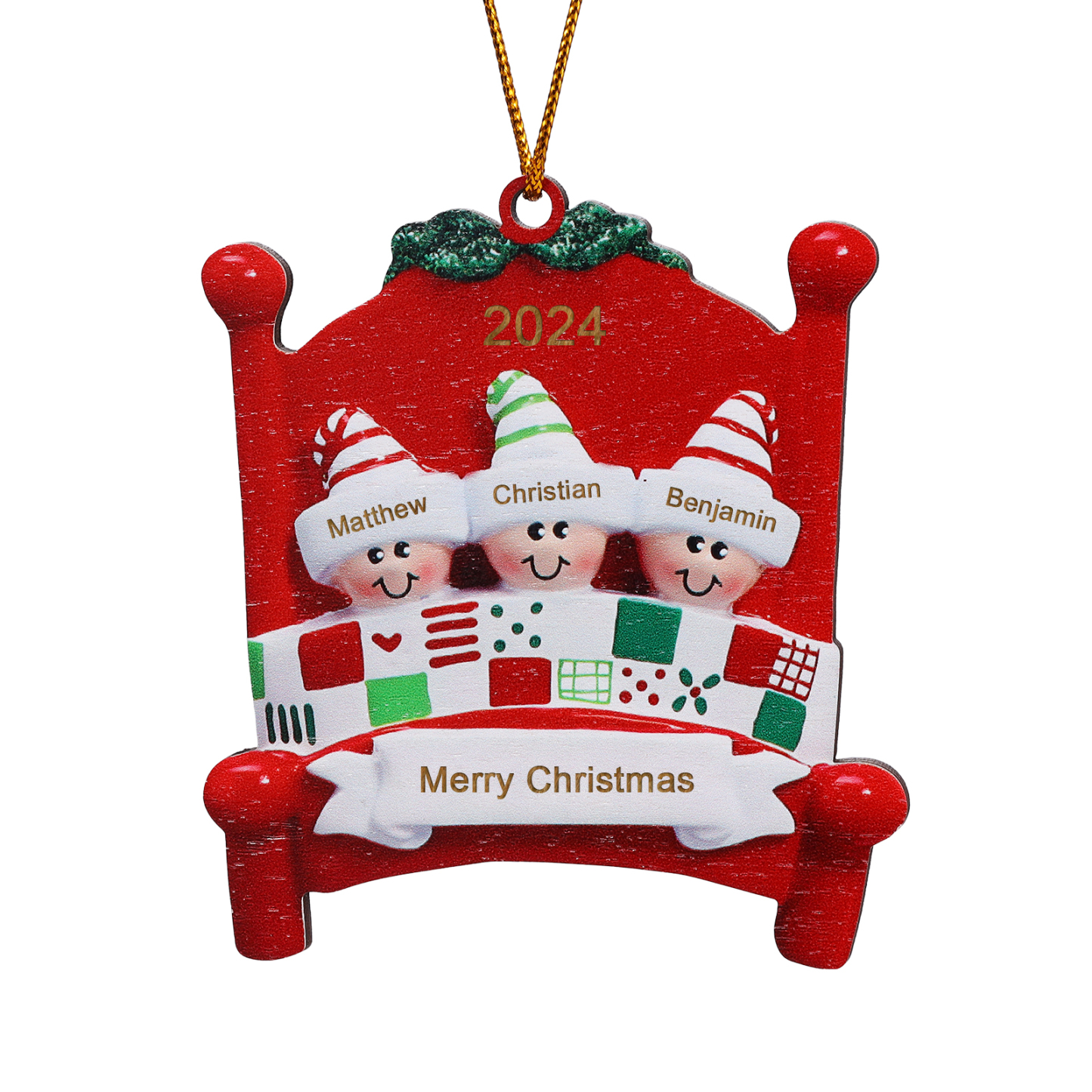 Décoration Sapin Noël en bois lit rouge 3 Prénoms Personnalisés avec texte et année Ornement de Noël Cadeau pour famille | Jessemade