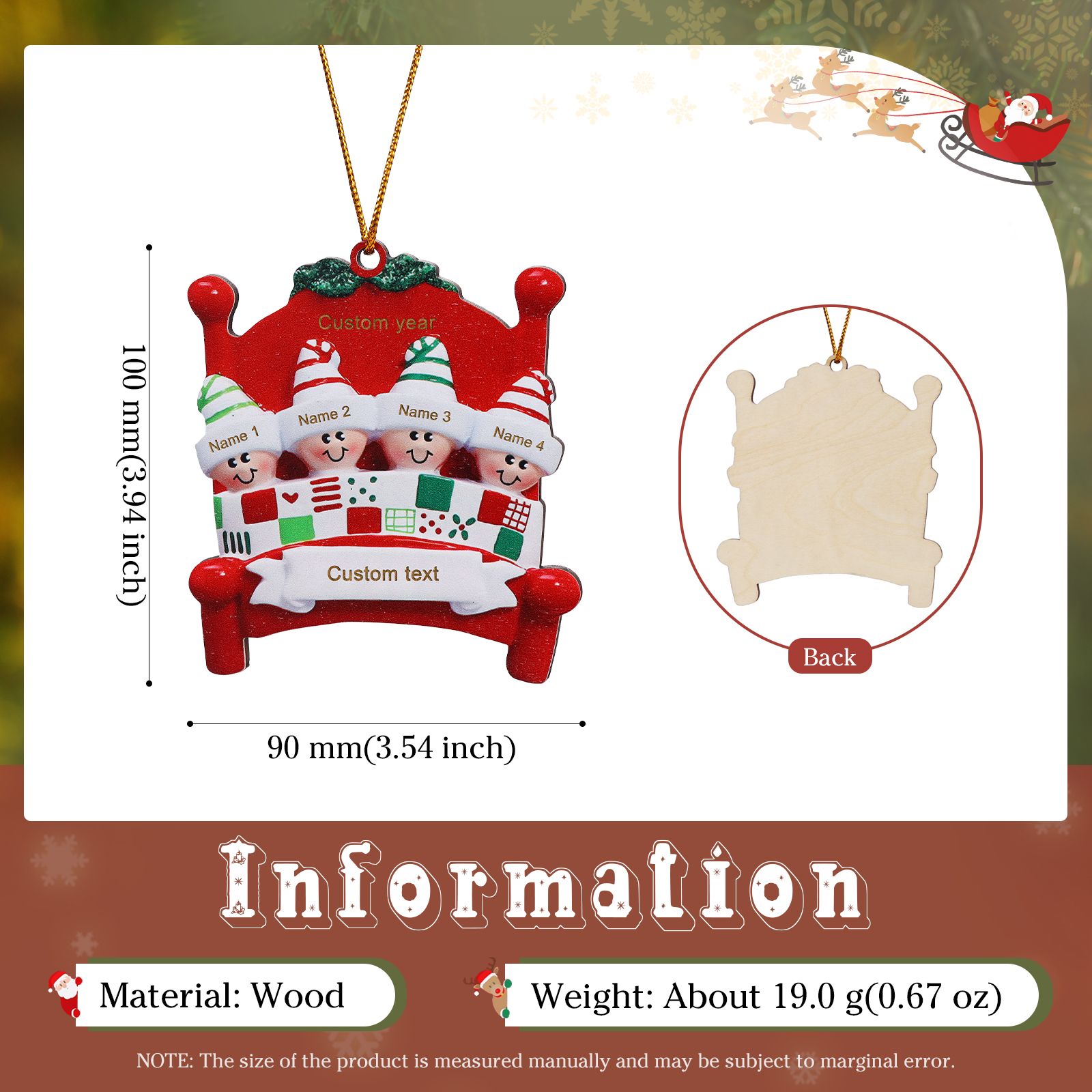 Décoration Sapin Noël en bois lit rouge 4 Prénoms Personnalisés avec texte et année Ornement de Noël Cadeau pour famille | Jessemade