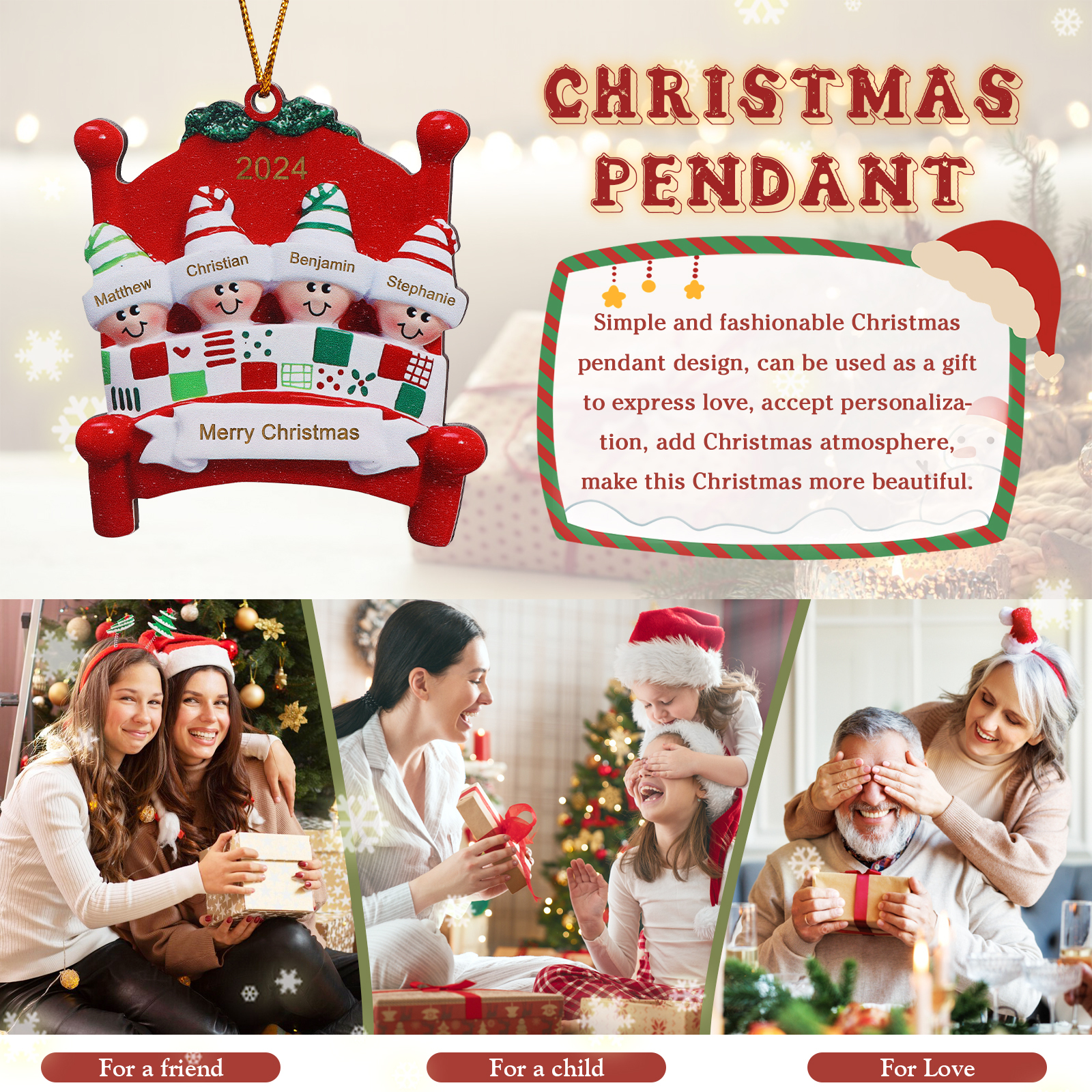 Décoration Sapin Noël en bois lit rouge 4 Prénoms Personnalisés avec texte et année Ornement de Noël Cadeau pour famille | Jessemade