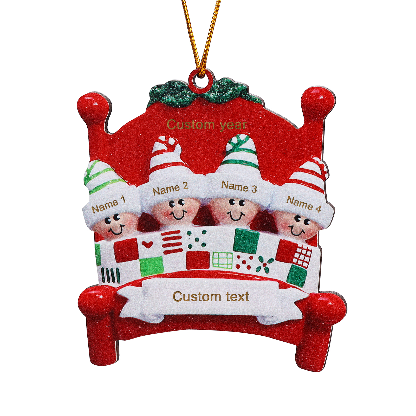 Décoration Sapin Noël en bois lit rouge 4 Prénoms Personnalisés avec texte et année Ornement de Noël Cadeau pour famille | Jessemade