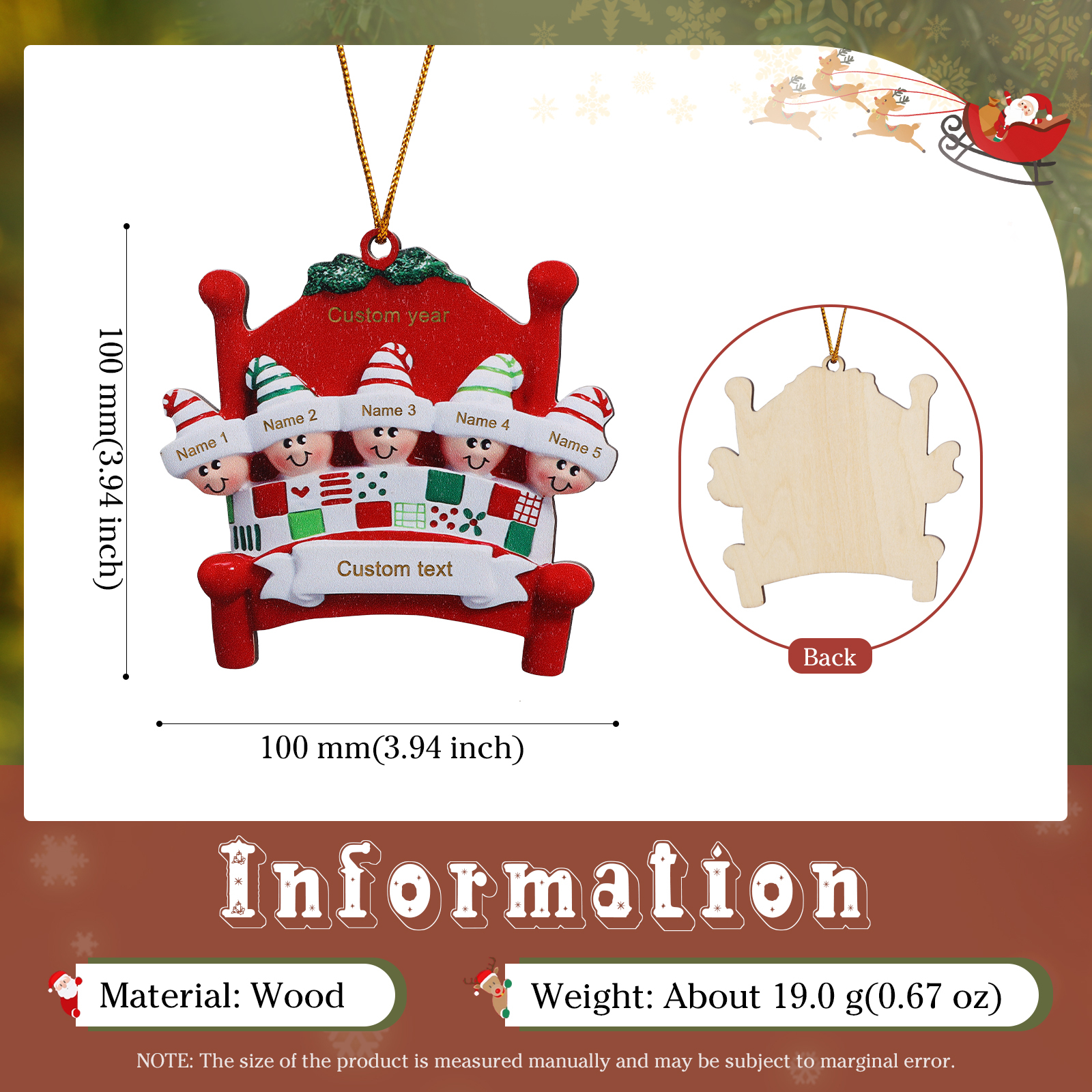 Décoration Sapin Noël en bois lit rouge 5 Prénoms Personnalisés avec texte et année Ornement de Noël Cadeau pour famille | Jessemade