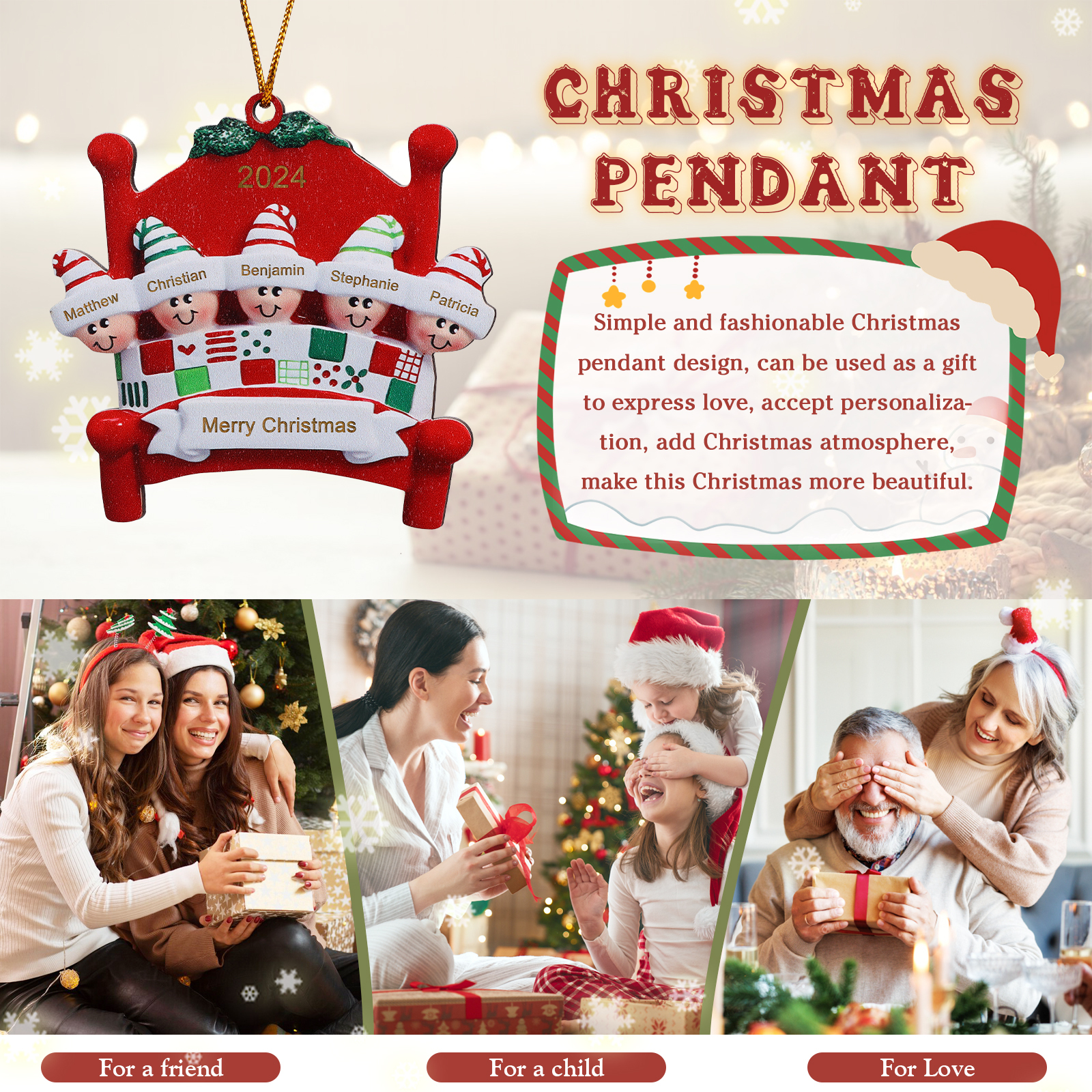 Décoration Sapin Noël en bois lit rouge 5 Prénoms Personnalisés avec texte et année Ornement de Noël Cadeau pour famille | Jessemade