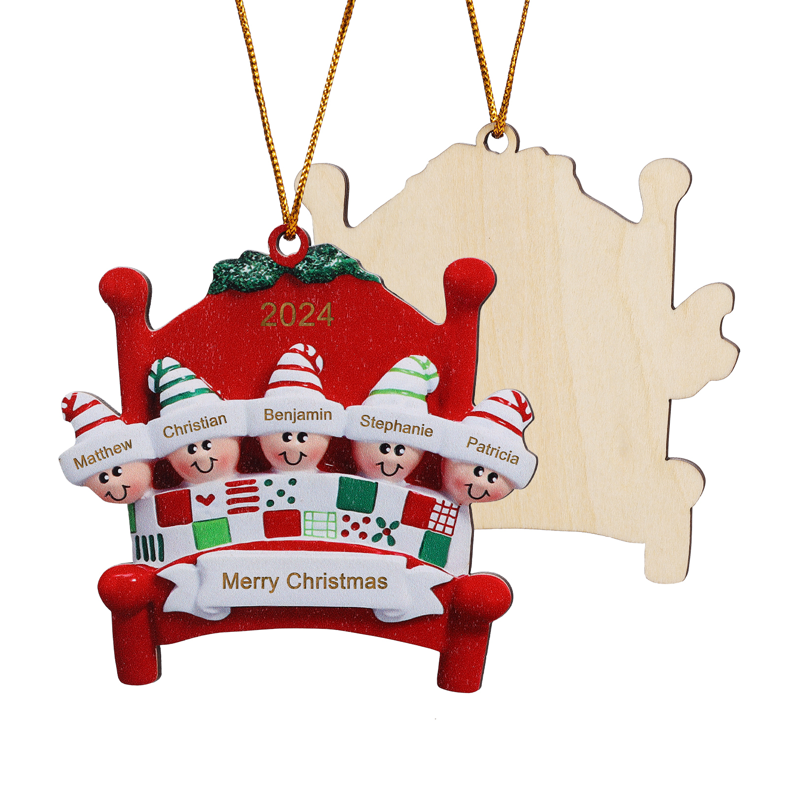 Décoration Sapin Noël en bois lit rouge 5 Prénoms Personnalisés avec texte et année Ornement de Noël Cadeau pour famille | Jessemade