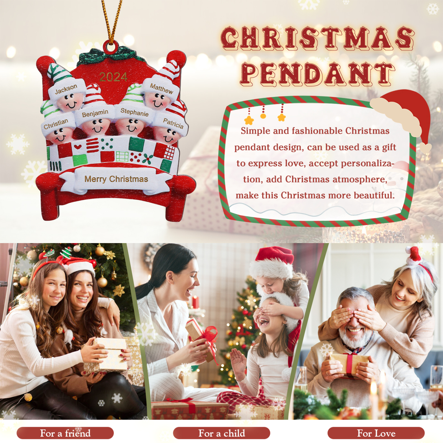 Décoration Sapin Noël en bois lit rouge 6 Prénoms Personnalisés avec texte et année Ornement de Noël Cadeau pour famille | Jessemade