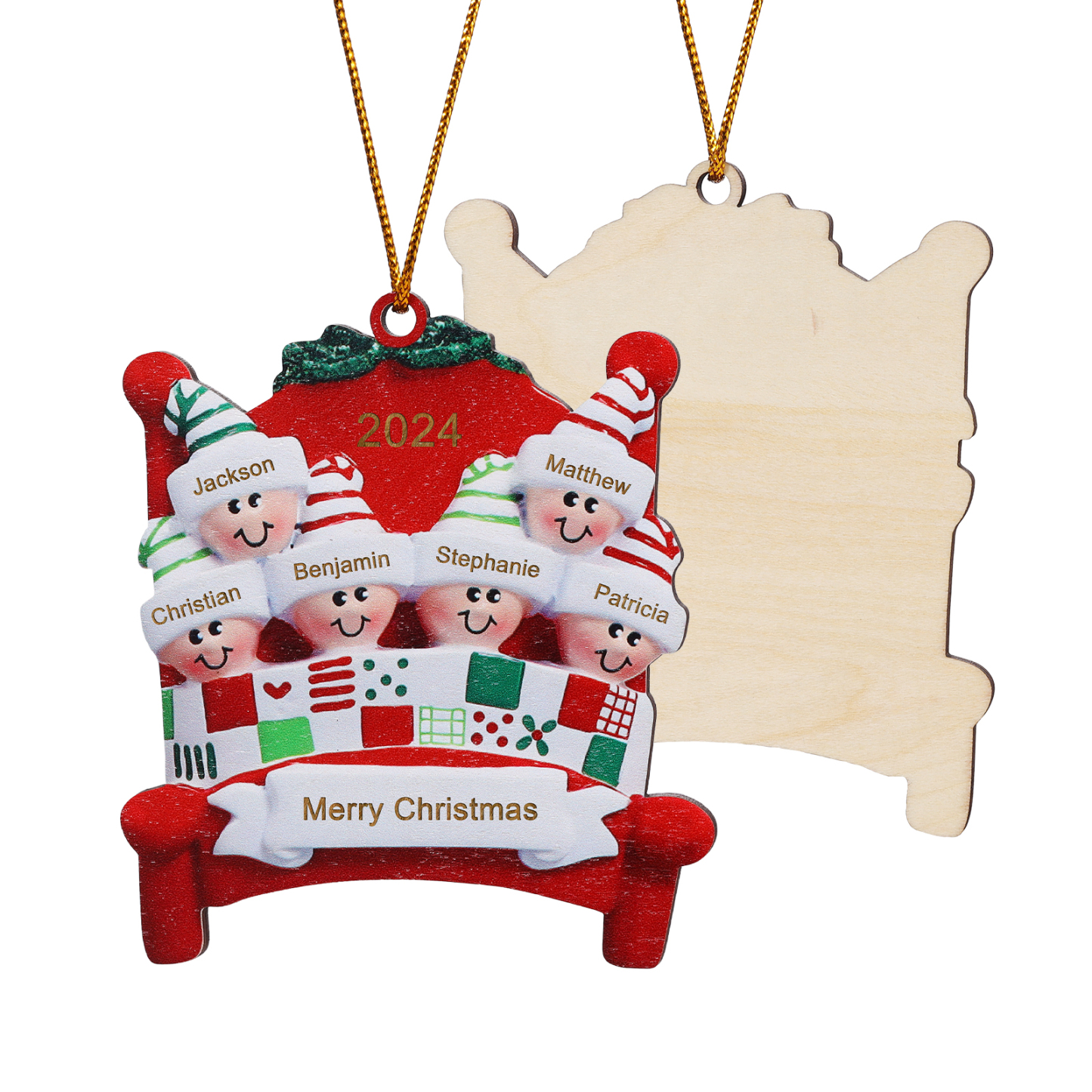 Décoration Sapin Noël en bois lit rouge 6 Prénoms Personnalisés avec texte et année Ornement de Noël Cadeau pour famille | Jessemade