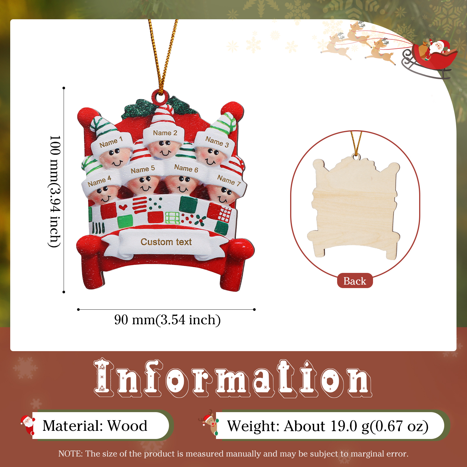 Décoration Sapin Noël en bois lit rouge 7 Prénoms Personnalisés avec texte et année Ornement de Noël Cadeau pour famille | Jessemade