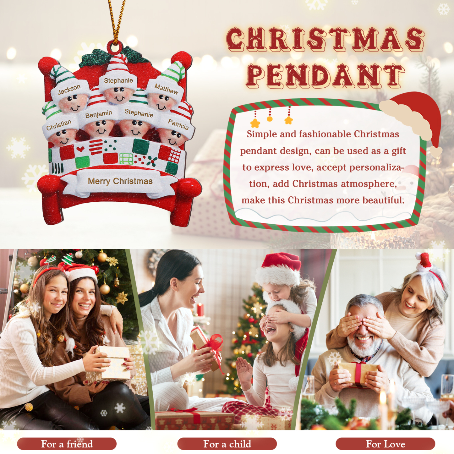 Décoration Sapin Noël en bois lit rouge 7 Prénoms Personnalisés avec texte et année Ornement de Noël Cadeau pour famille | Jessemade