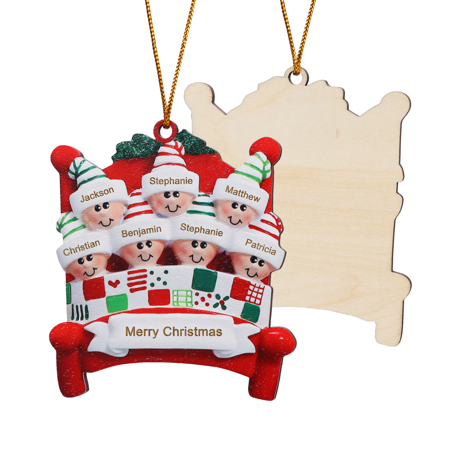 Décoration Sapin Noël en bois lit rouge 7 Prénoms Personnalisés avec texte et année Ornement de Noël Cadeau pour famille | Jessemade