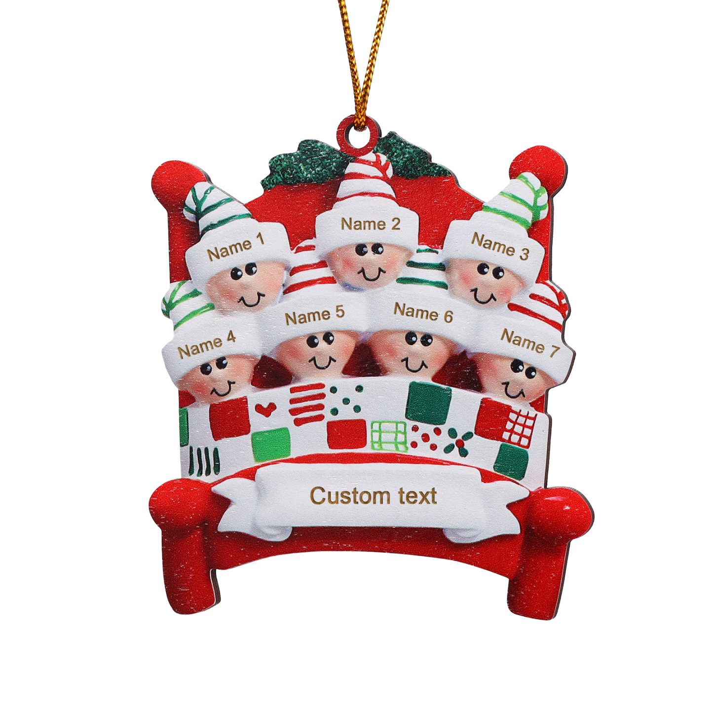Décoration Sapin Noël en bois lit rouge 7 Prénoms Personnalisés avec texte et année Ornement de Noël Cadeau pour famille | Jessemade