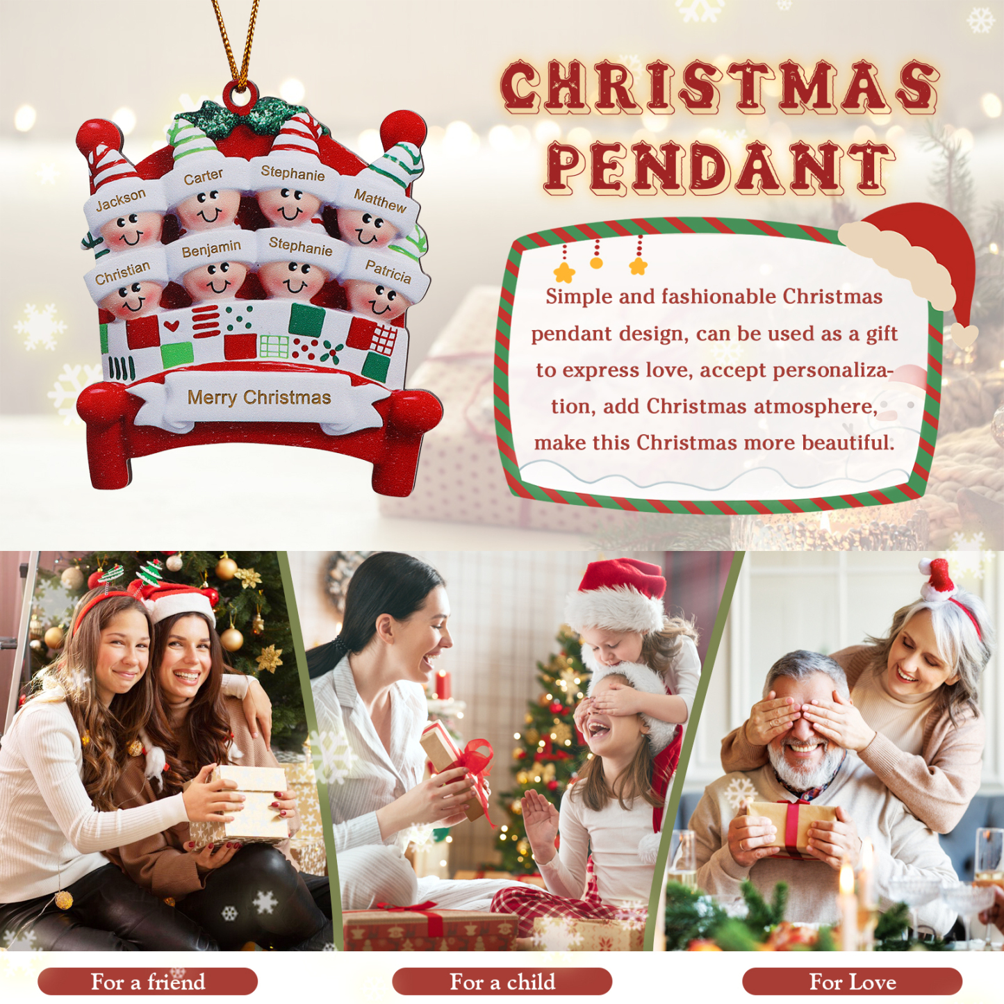 Décoration Sapin Noël en bois lit rouge 8 Prénoms Personnalisés avec texte et année Ornement de Noël Cadeau pour famille | Jessemade