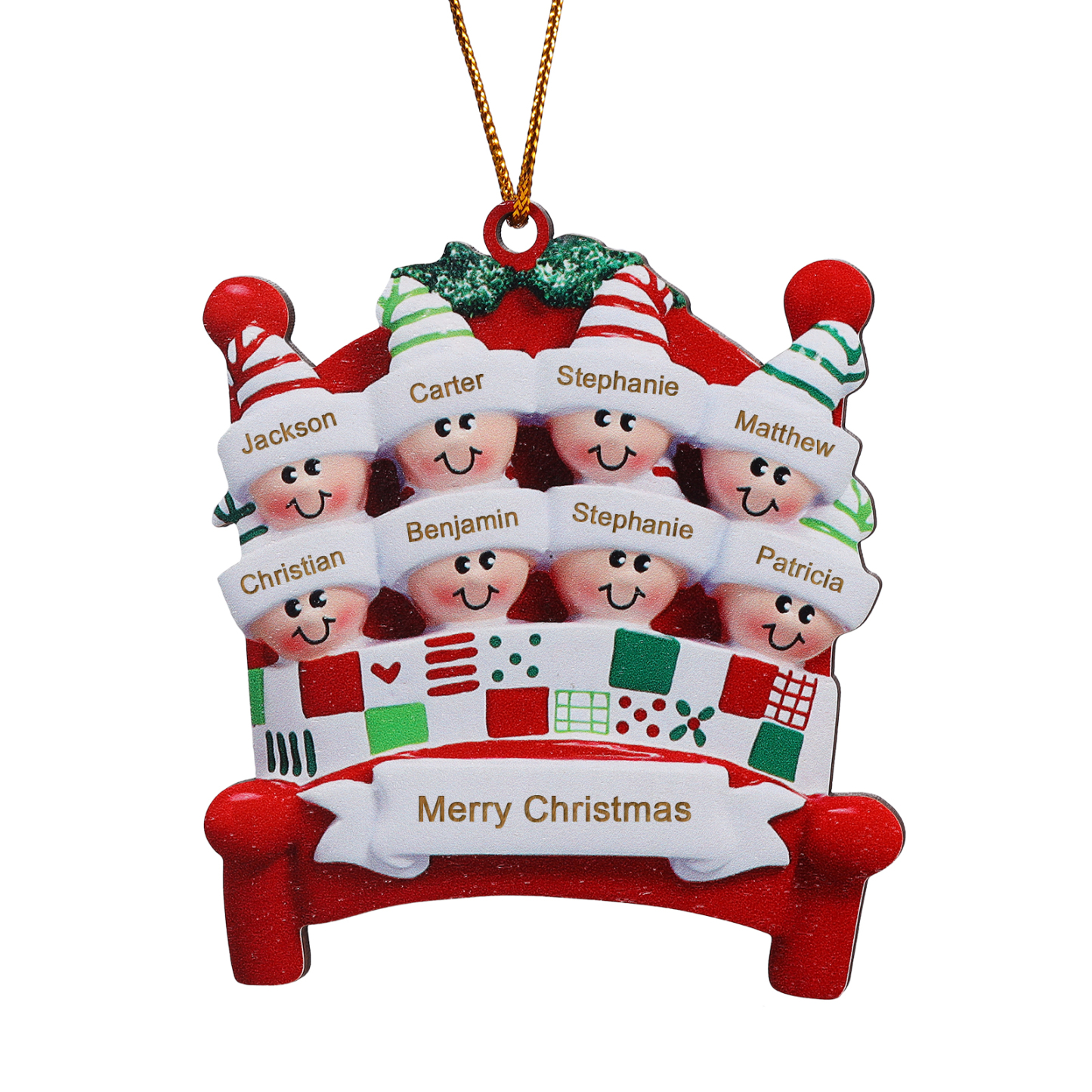 Décoration Sapin Noël en bois lit rouge 8 Prénoms Personnalisés avec texte et année Ornement de Noël Cadeau pour famille | Jessemade