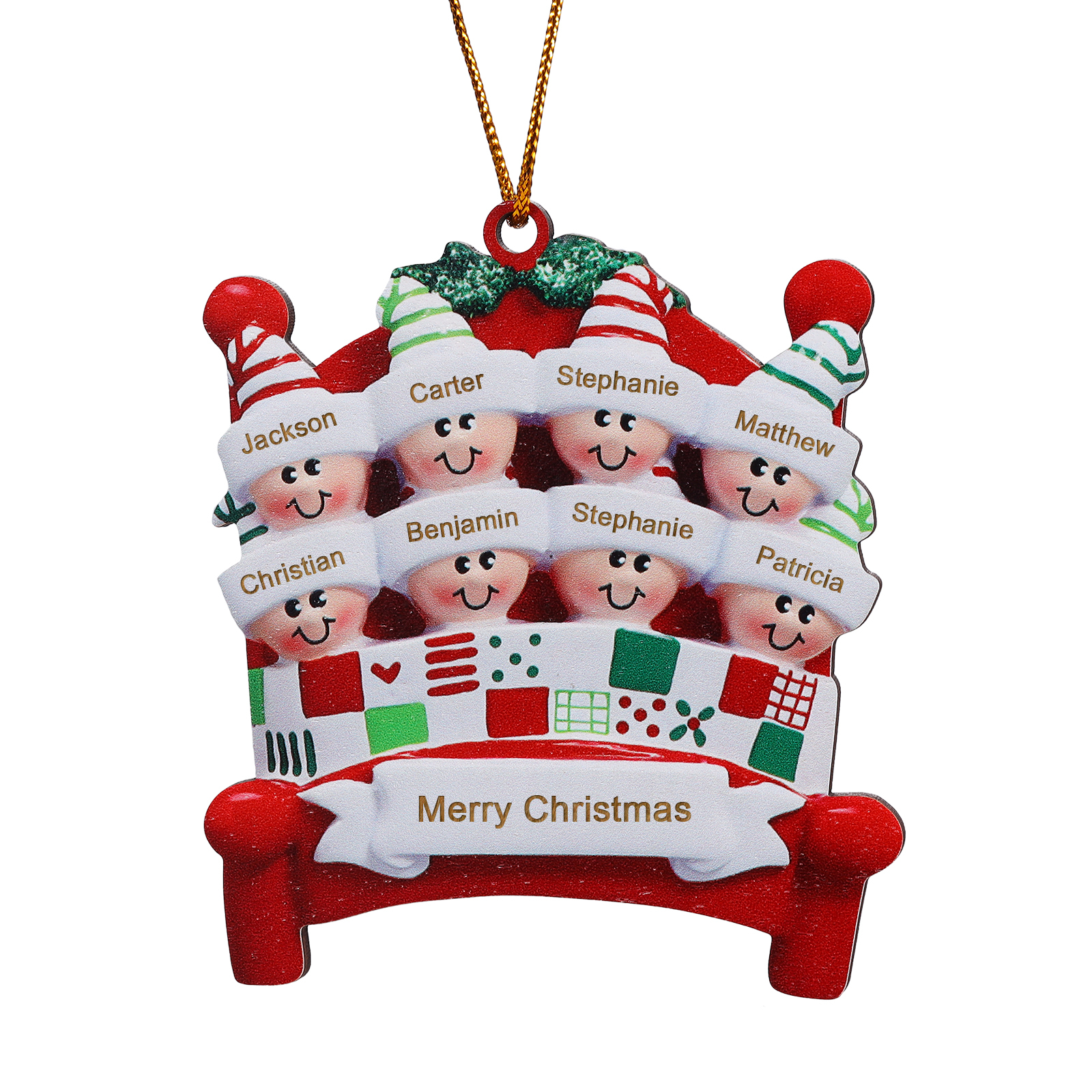 Décoration Sapin Noël en bois lit rouge 8 Prénoms Personnalisés avec texte et année Ornement de Noël Cadeau pour famille | Jessemade