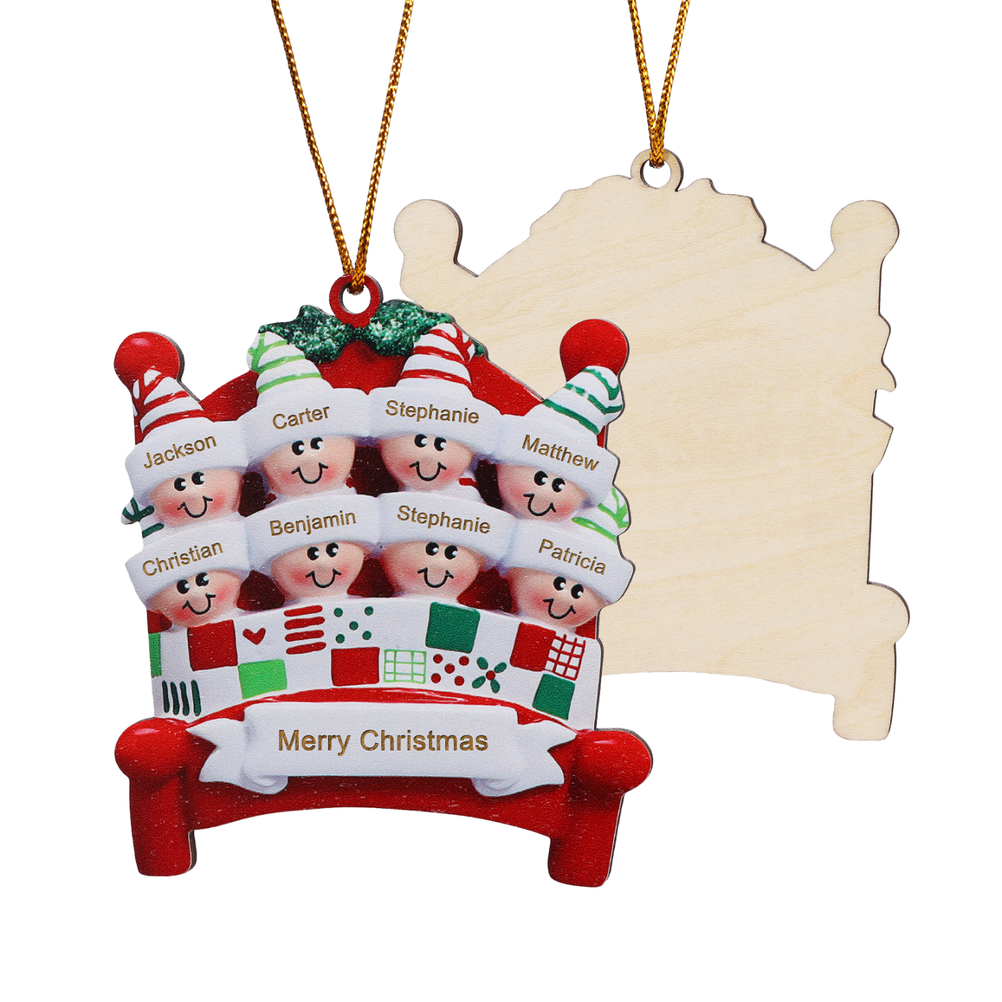 Décoration Sapin Noël en bois lit rouge 8 Prénoms Personnalisés avec texte et année Ornement de Noël Cadeau pour famille | Jessemade